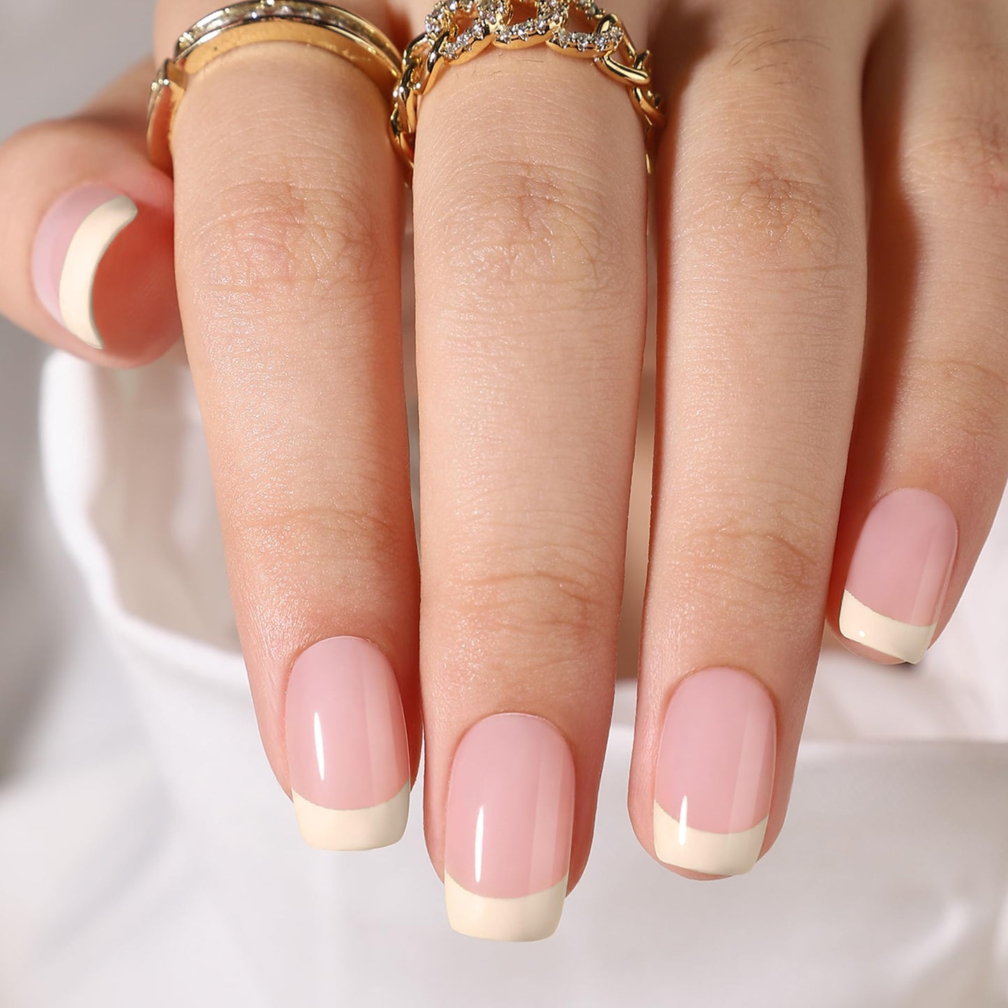 WAFOLOZE Light Yellow French Tip Press On Nails - Square Short Fake Nails, Glue On Nails Short, Artificial Nails 16 Sizes - 32Pcs Reusable Soft Gel False Nails Tips Kit, Stick On Nails for Women