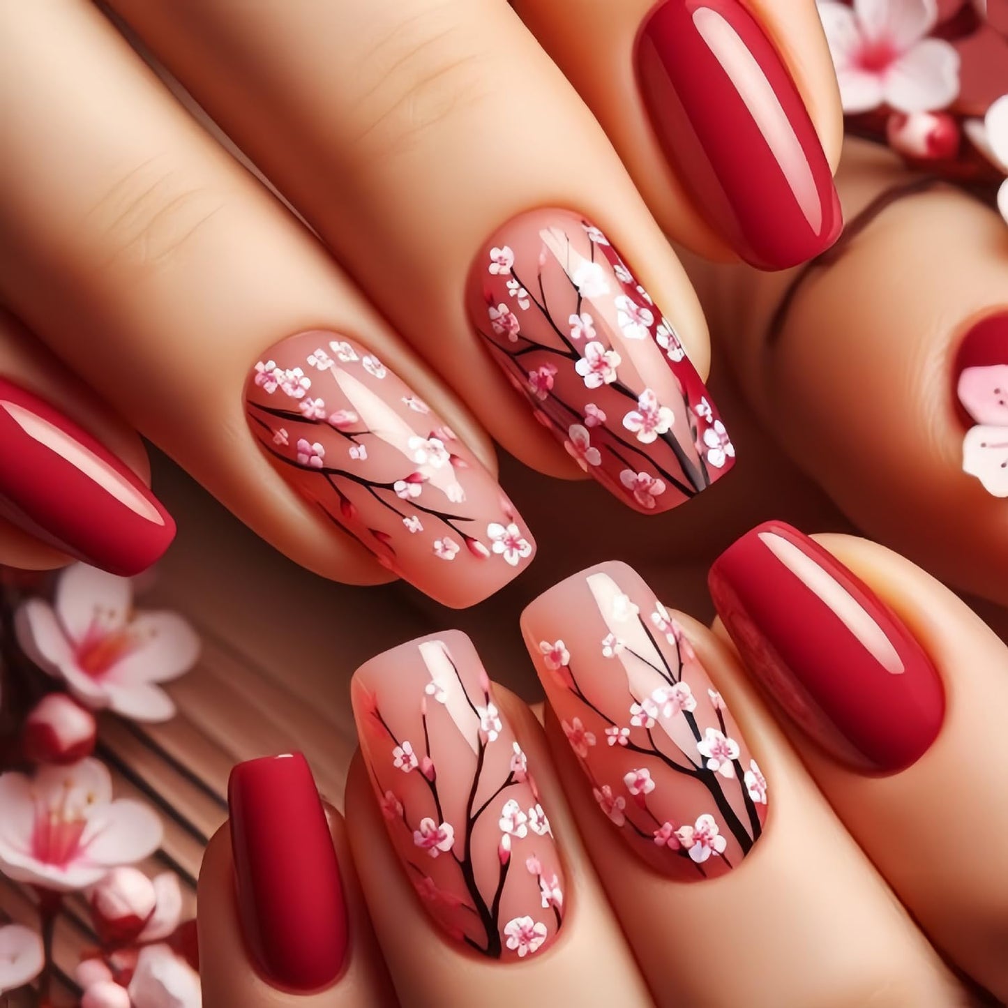 Red Press on Nails Medium Length Pink Flower Pattern Design Fake Nails Gradient Press Nails Full Cover Glossy Acrylic Nails Artificial Coffin Nails Ballet Shaped Stick on Nails Glue on Nails for Women