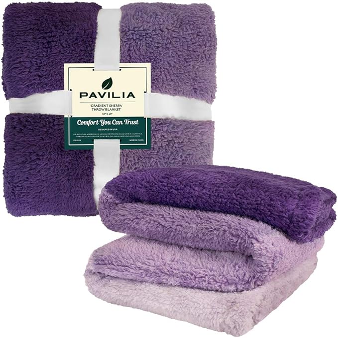 PAVILIA Fluffy Sherpa Throw Blanket Ombre | Gradient Plush, Soft, Fuzzy, Decorative Accent Throw Blanket for Couch Sofa Bed | Cozy Warm Decorative Furry Faux Fur Blanket, 50x60 Inches Purple