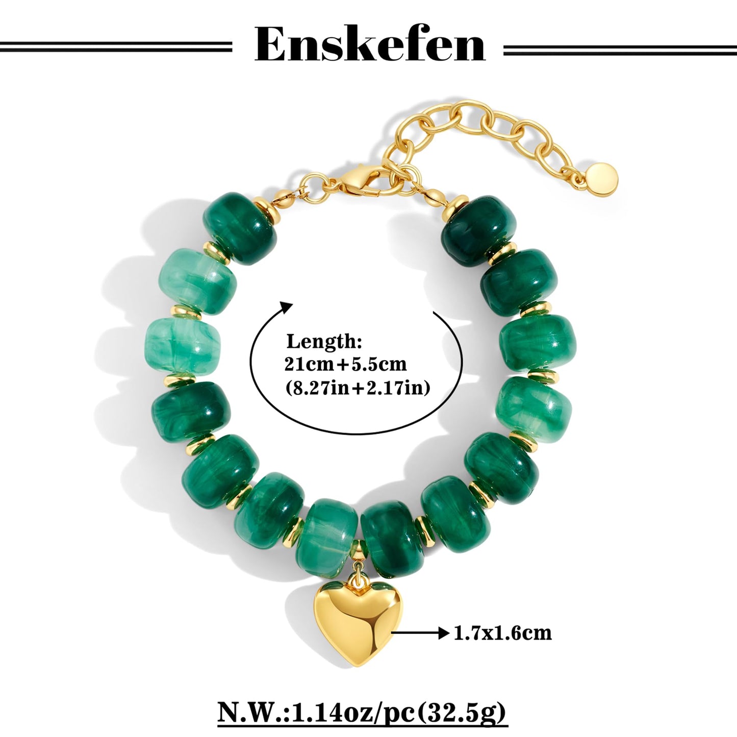 ENSKEFEN Green Beaded Heart Charm Bracelet for Women Boho Chunky Acrylic Beaded Bracelet Adjustable Heart Bracelets