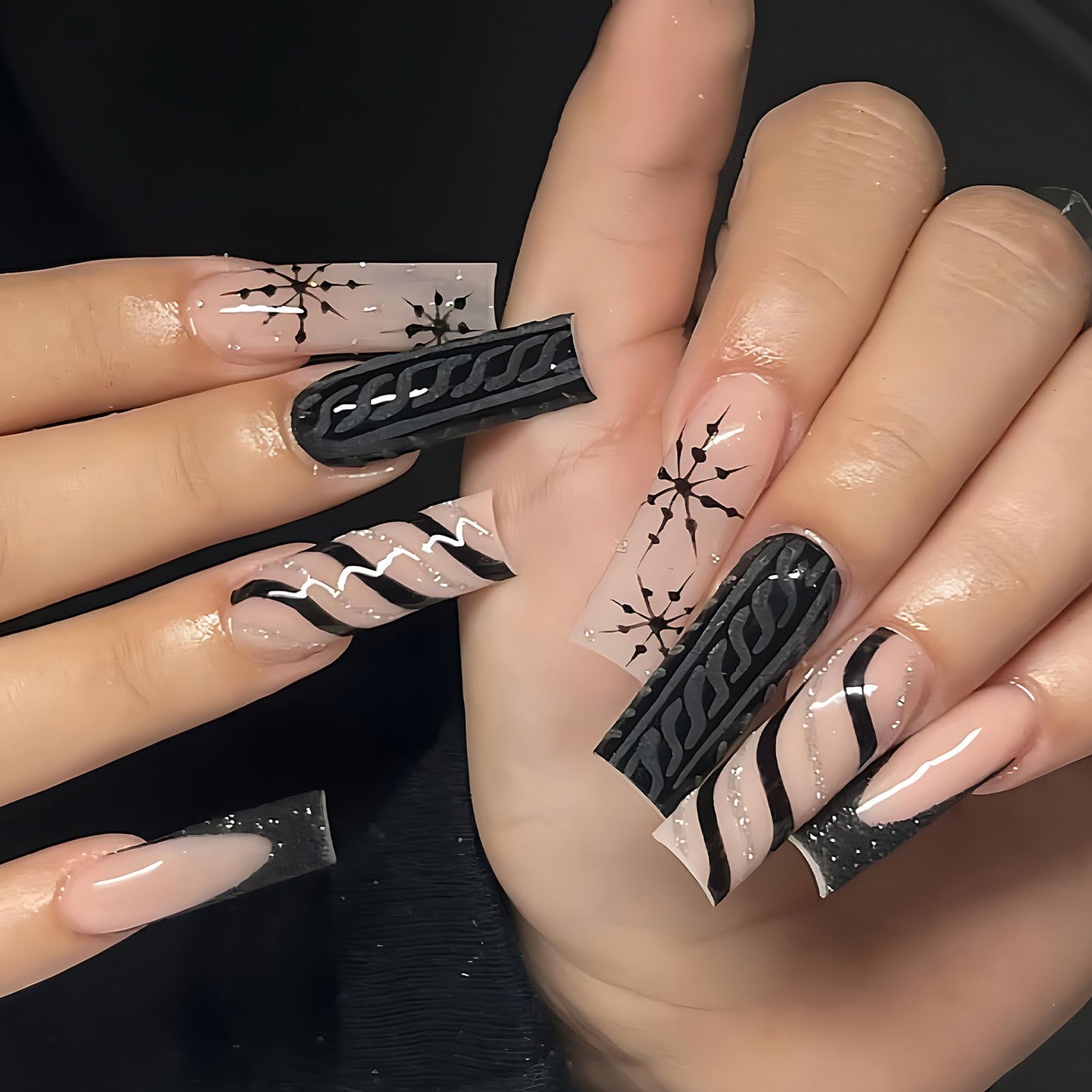 Christmas Press On Nails Medium Square Black French Tips Nails with Glue Winter Snowflake Design,Christmas Nails Long False for Women Holiday Xmas Gifts