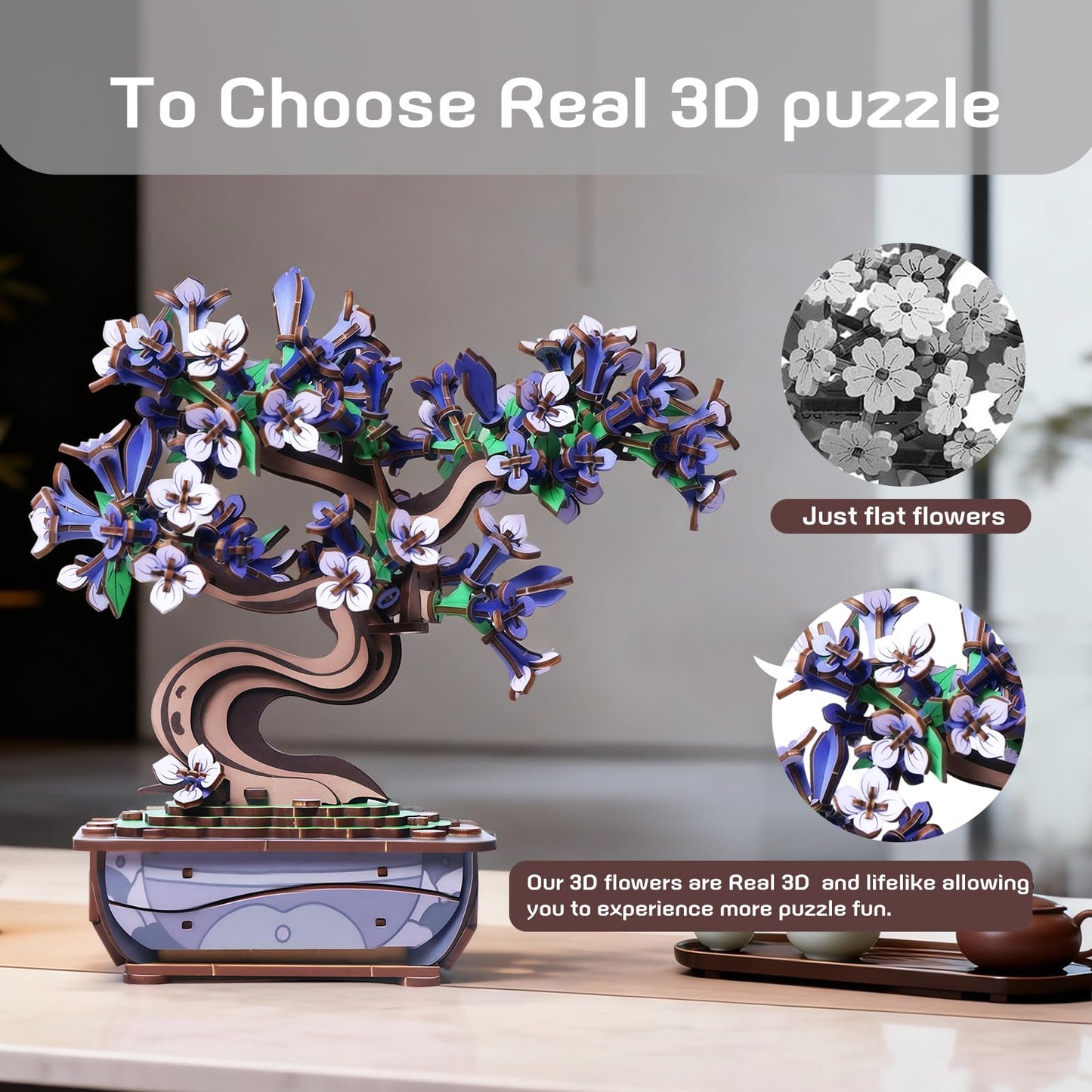 Ulieer 3D Puzzles for Adults Wooden Flower，DIY Crafts for Adults Bonsai Tree Building Set, Artificial Flower Decor, Artificial Plant Model Toy for Desk or Home Decor，Birthday Valentine's Day