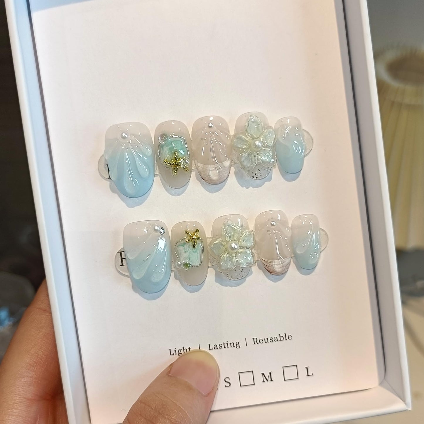 TENPAL Blue French Tips Press on Nails Short Oval,Isle Blue Gradient & Hand-Sculpted Conch Relief False Nails,Ocean Whisper Fake Nails Kit,Glossy Cute Artisan Coastal Zen Nail Art with Tools 10pcs(L)