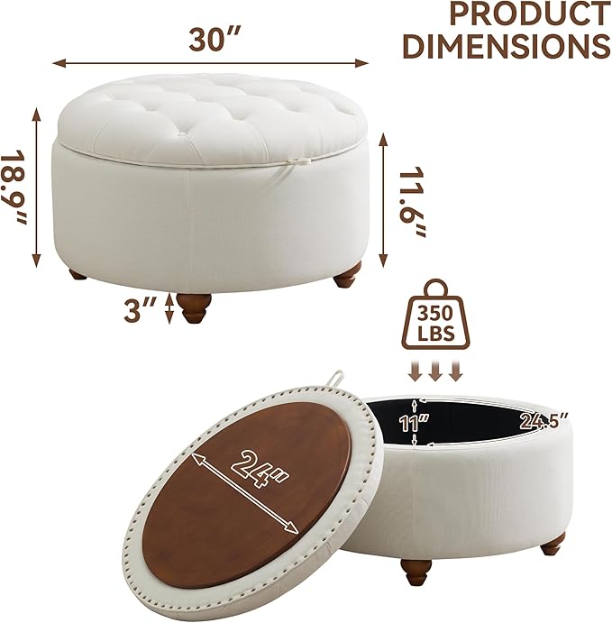 30Inch Round Storage Ottoman with Tray, Modern Tufted Fabric Circle Coffee Table with Storage, Upholstered Ottoman with Removable Top for Living Room, Bedroom, Beige
