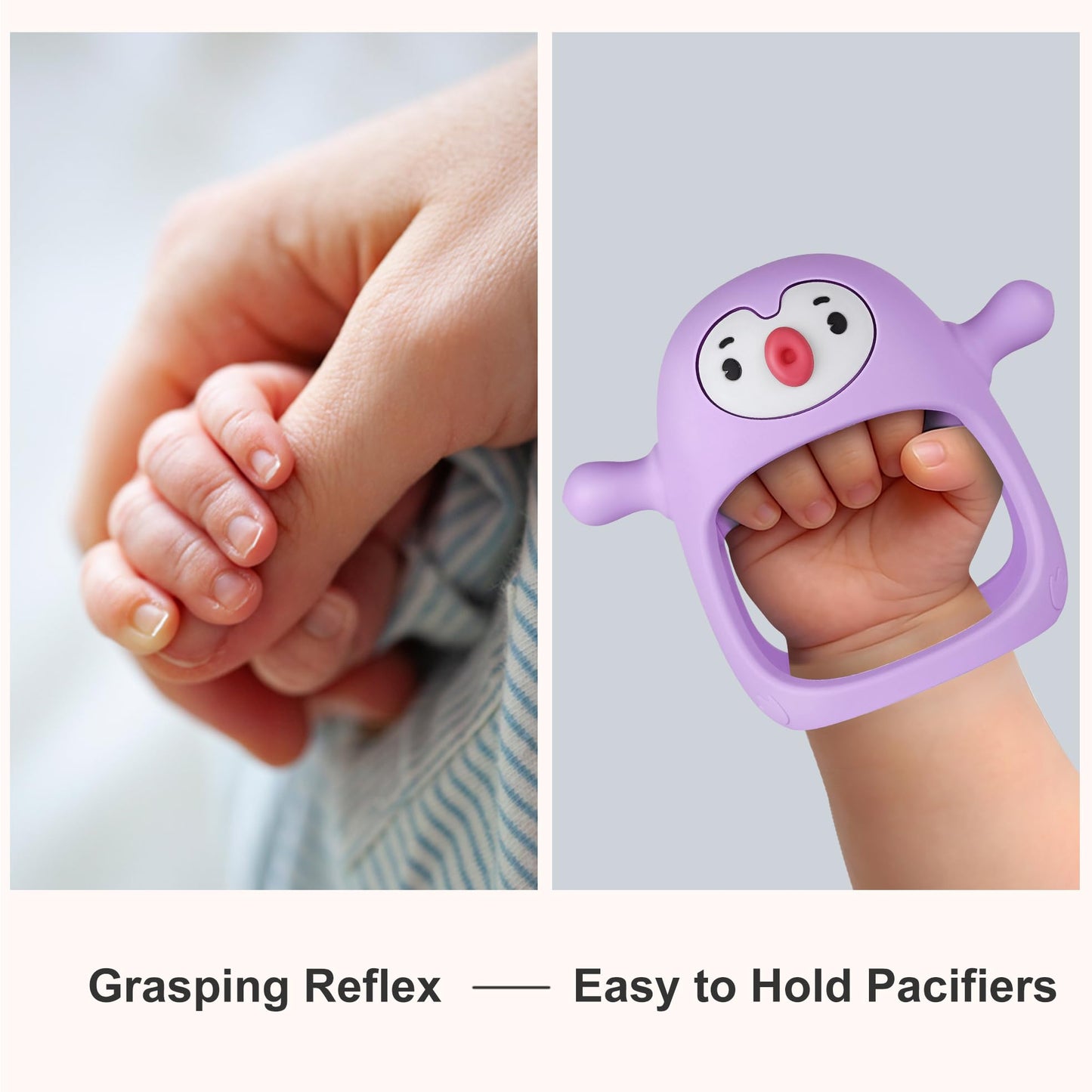 Smily Mia 2pack Penguin Teether for Babies 0-6Month, Infant Teething Toys,Pacifiers for Breastfed Babies, Silicone Teething Mittens for 3-6Months, Perfect Shower Gift+Baby Registry, Pink&Purple