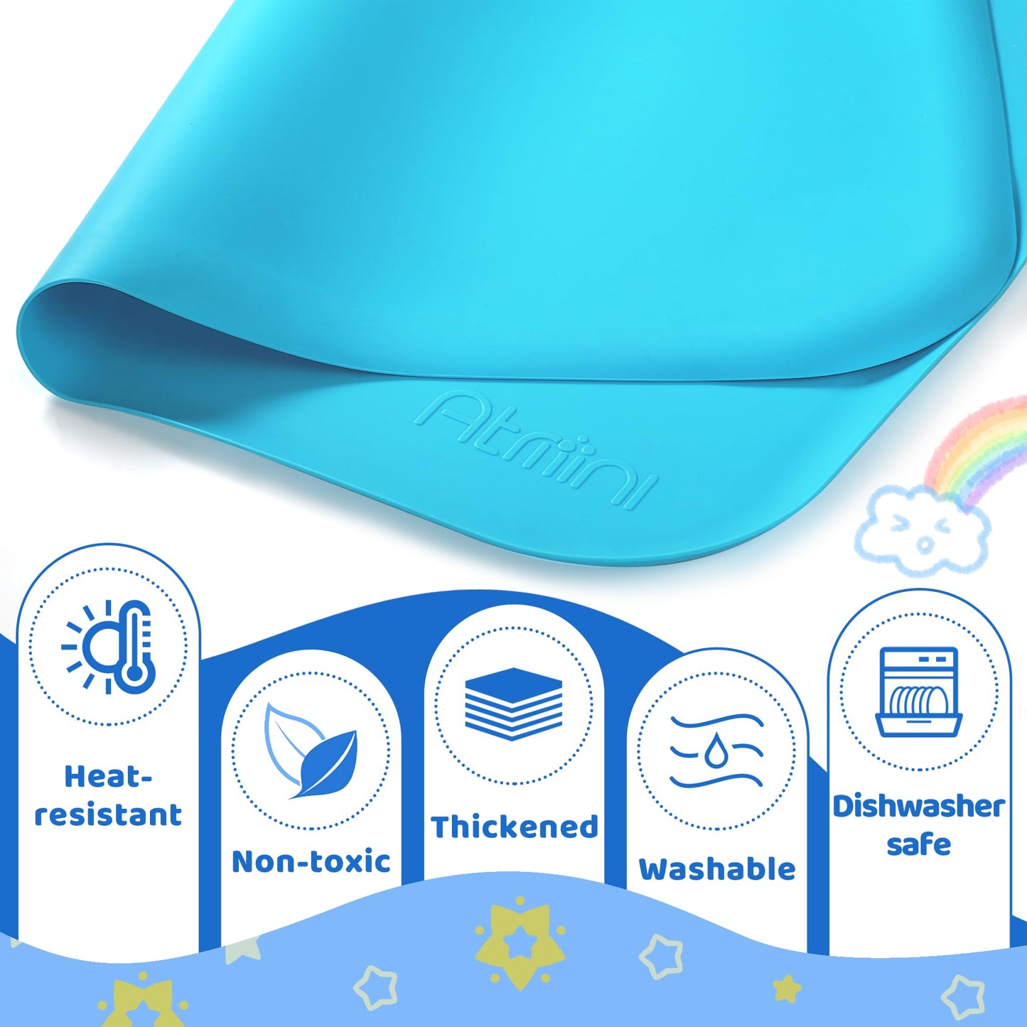 AtMini Silicone Craft Mats for Kids 24"x16"– with Raised Lip & Non-Slip | Reusable Silicone Art Mat for Play Sand, Painting, DIY Crafts | Durable Design (Blue)