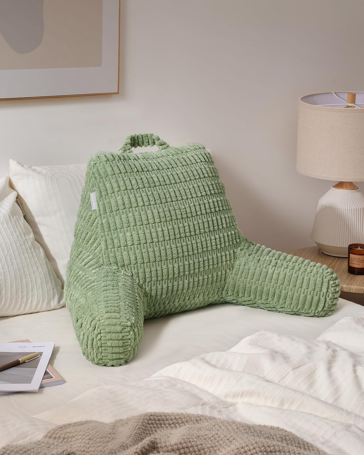 Blissful Diary Reading Pillow, Backrest Pillow with Shredded Memory Foam for Adult & Children, Designed for Bed and Couch Sitting Up, Includes Arms, Pockets and Washable Cover, Sage Green