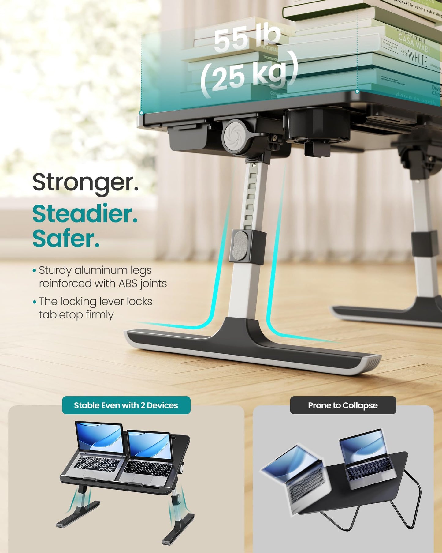 SONGMICS Bed Laptop Desk, Foldable Bed Desk for Laptop, 15.7 x 22 Inches Large Desktop, 120° Stepless Tilt, Adjustable Height, Cup Holder, Tray, Portable Bed Sofa Table, Ink Black ULLD113BC01