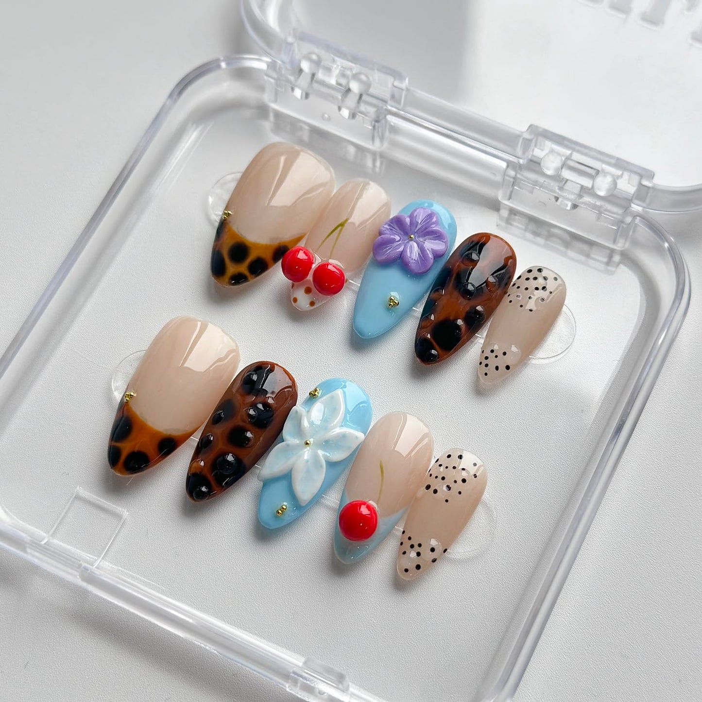 Luxury Press on Nails Short Almond Handmade 3D Unique Reusable ABS Material Fake Nails French Tip False Nails with Designs Flower Cherry Leopard Print Glossy Glue on Nail Thick Acrylic Nail(M)