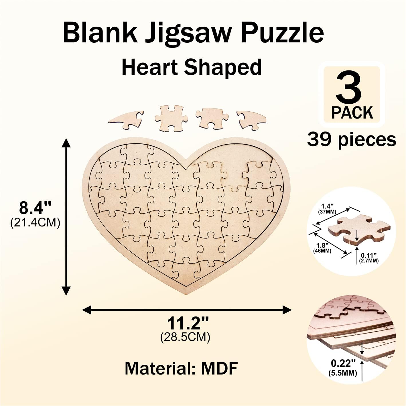 3 Pack Blank Wooden Heart Shaped Jigsaw Puzzle 11.2x8.4 Inch Unfinished Wooden Puzzle Board Heart Shaped Canvas for DIY