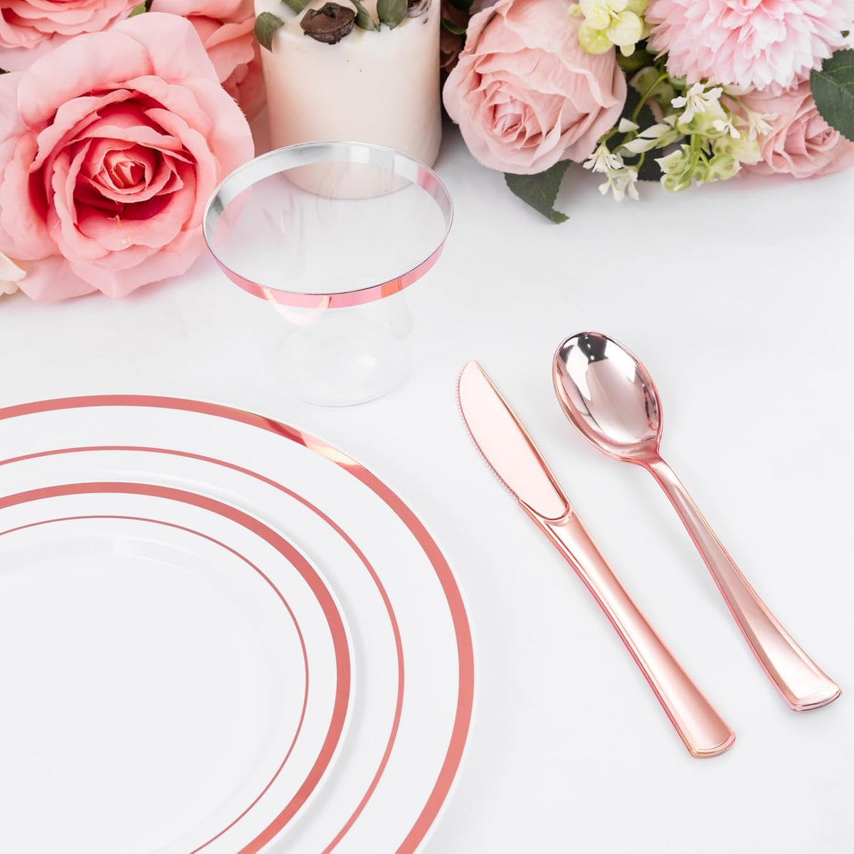 WELLIFE 150 PCS Rose Gold Disposable Dinnerware Set for 25 Guests, Valentine's Day Plate, 25 Dinner & Salad Plates, Cups, Forks Knives Spoons for Wedding Reception and Mothers Day Plates