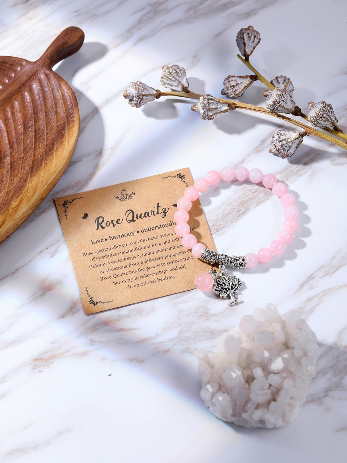 Jovivi 8MM Natural Rose Quartz Gemstone Beads Healing Crystal Stone Point Life Tree Lucky Charm Stretch Bracelet for Women Jewelry