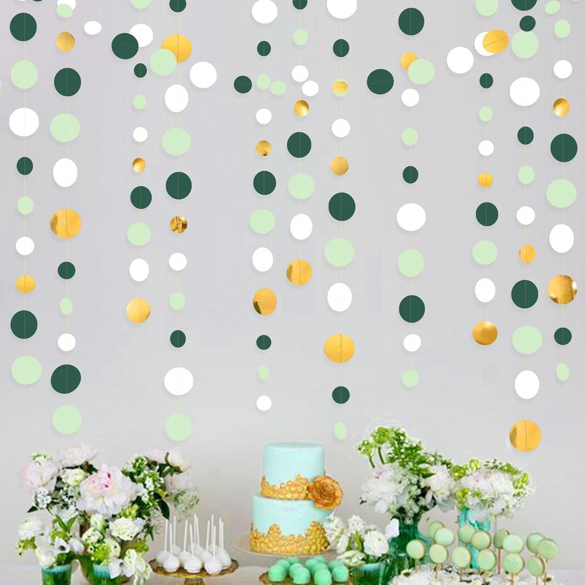 46 Ft Sage Green Gold Party Decorations Polka Dots Garlands Hanging Paper Circle Dots Streamer for Safari Wild Woodland Jungle Theme Birthday Baby Shower Graduation Wedding Party Decorations Supplies