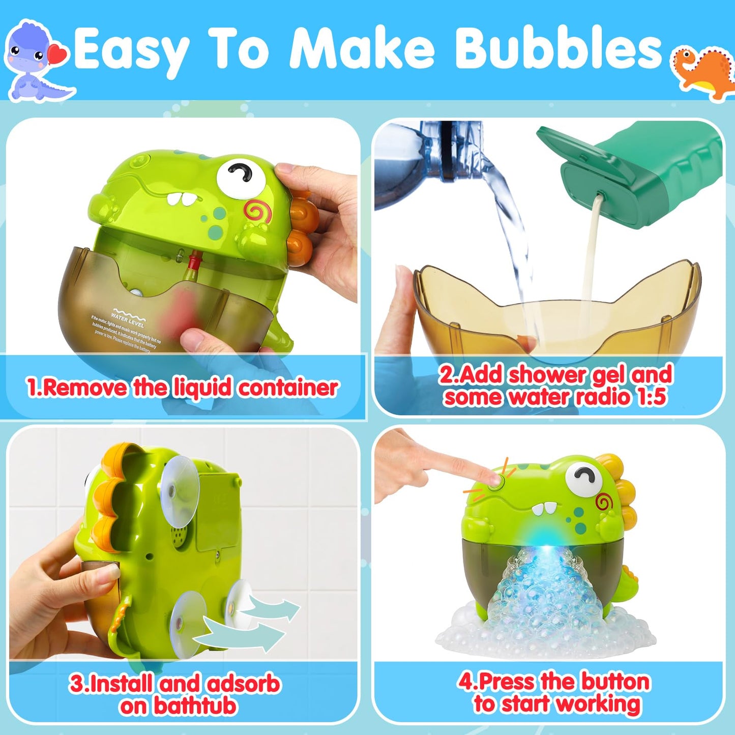 Light Up Dinosaur Bath Toys with Music, Bath Bubble Machine Toy for Kids Age 3-5 4-8 Toddler Summer Toys Bubble Maker for Bathtub - Floating Animal Water Toys Boy Girl Birthday Gift