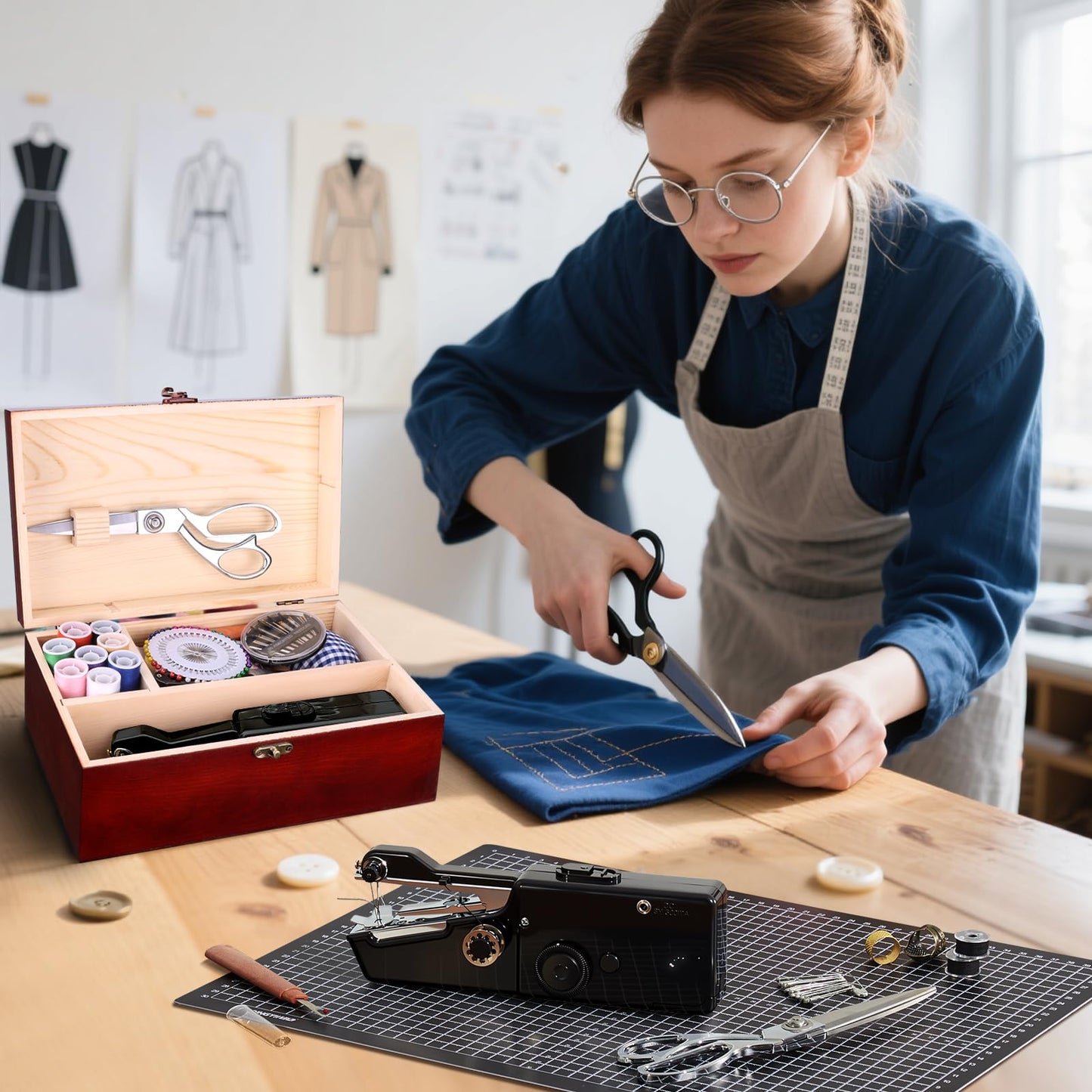Hand Held Sewing Machine, with Red Wooden Sewing Box and 143 PCS Sewing Kit, Mini Portable Handheld Sewing Machine for Adults and Beginners, with a Power Adapter and Heavy-Duty Scissors