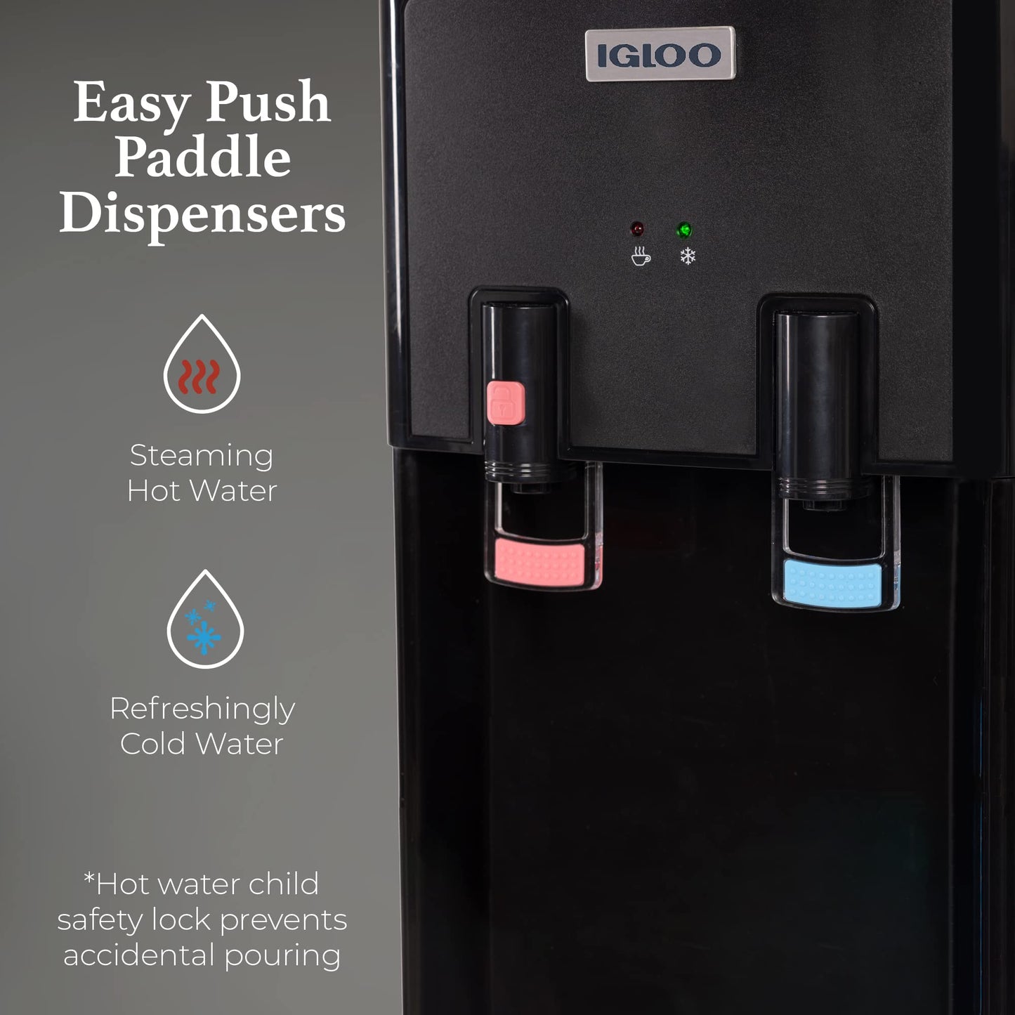 Igloo Top Loading Water Cooler with Removable Tray & Energy-Saving Features - Water Tower with Hot, Cold Temperature Settings- Water Dispenser Fits 3 & 5-Gallon Jugs with Child Safety Lock- Stainless