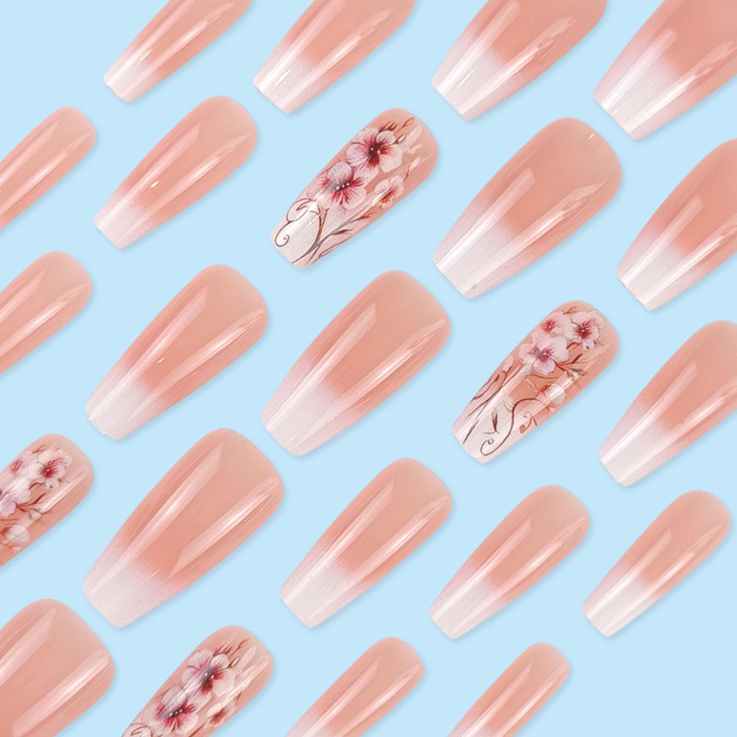 Ombre Press on Nails Medium Fake Nails with Flower Designs Gradient Acrylic Nails Press ons Glossy False Nails Pink Ombre Coffin Glue Stick on Nails for Women 24 Pcs