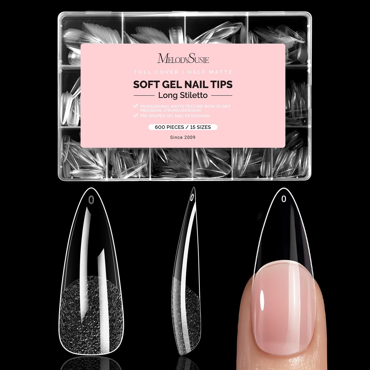 MelodySusie Long Almond Stiletto X Nail Tips - 600Pcs 15 Sizes Clear Acrylic, Half Matte Full Cover Press on Nails for DIY Extension & Salon Use, Pre-Shaped for Long-Lasting Manicure