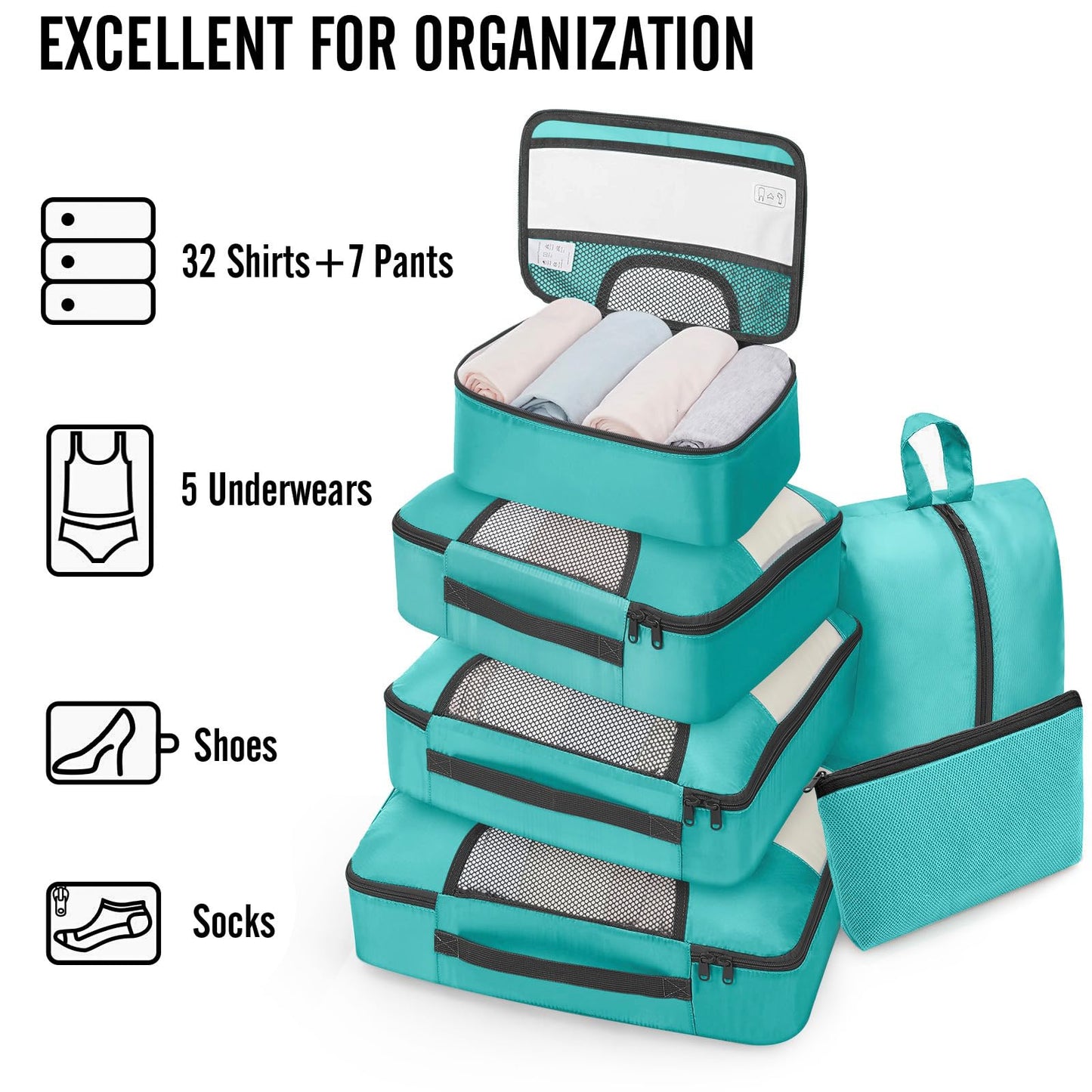 Veken 8 Set Packing Cubes for Travel Essentials, Suitcase Organizer Bags in 4 Sizes, Carry-On Luggage Accessories with Large Laundry & Hanging Toiletry Bag, Must-Have for Airplane, Road Trip & Camping