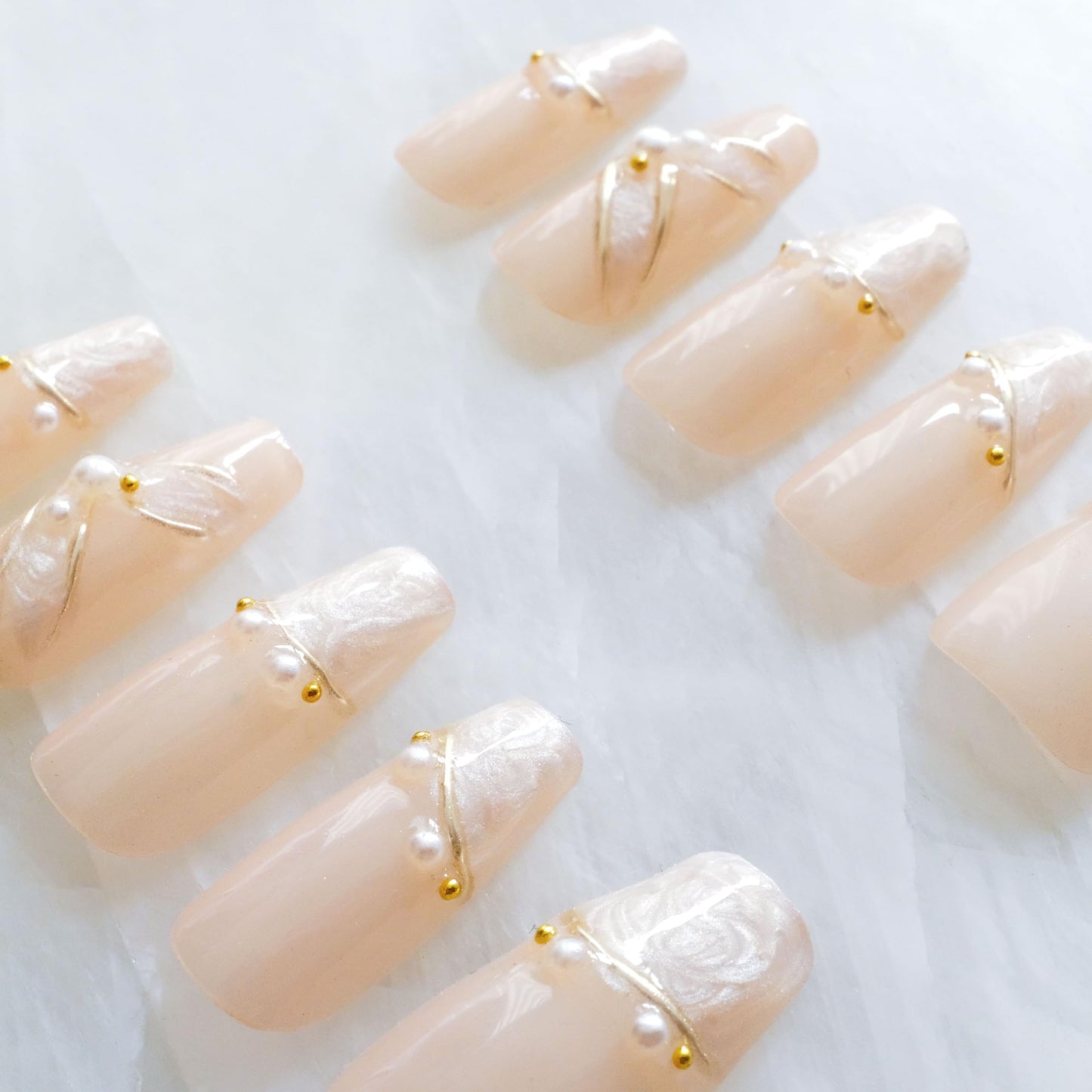 [GLORS] Luxury Pearl Press-on Nails, Long Ballerina Shape, Gold Accented Artificial Nails Set, Handmade False Nail 10 Pieces (XS, LS)
