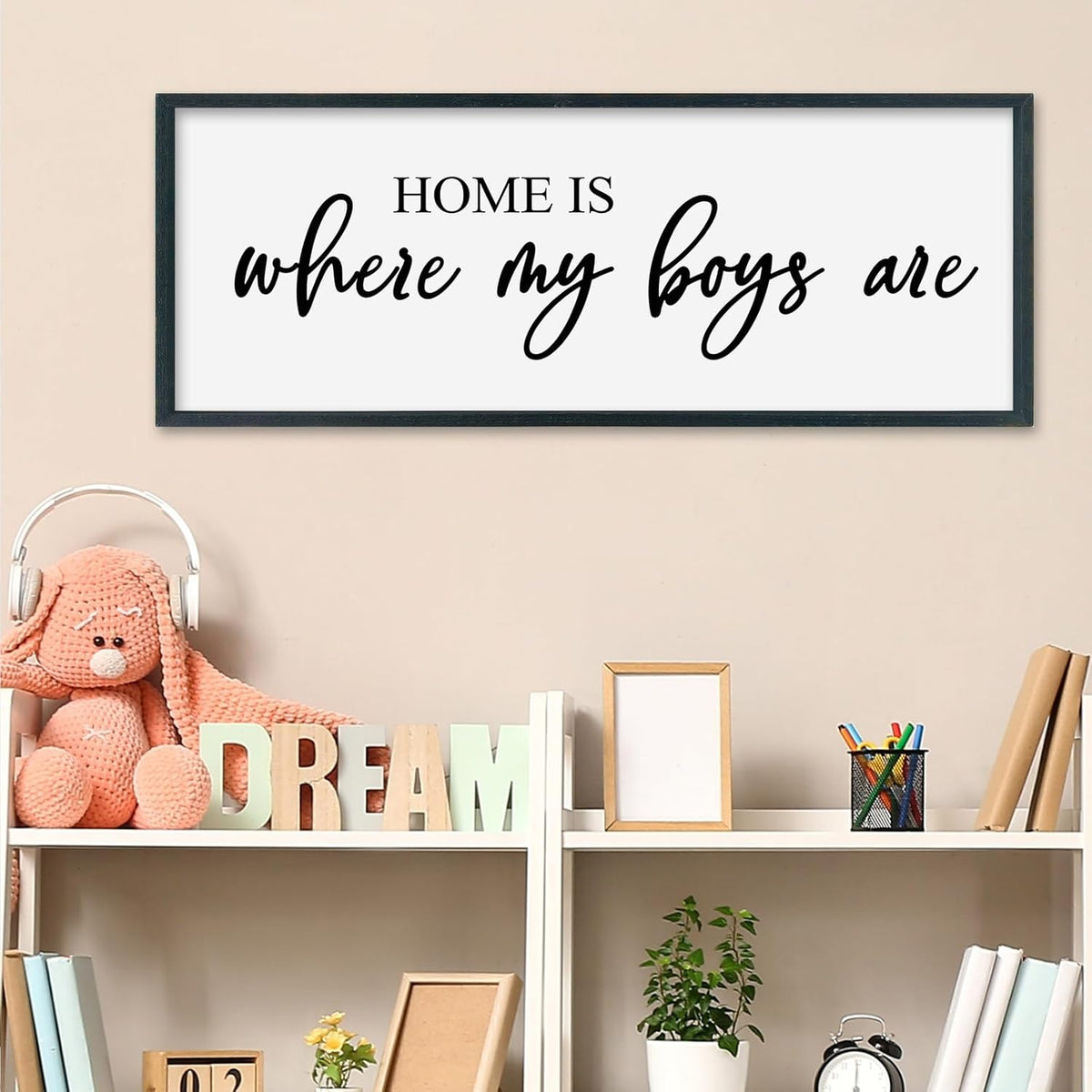 SRSZHIYUE Home Is Where My Boys Are Sign 32"×12" New Mothers Day Gifts ideas Wall Art for kids Playroom Mom Quote Bedroom Large Wood Framed Wall Hanging Decor (Black)
