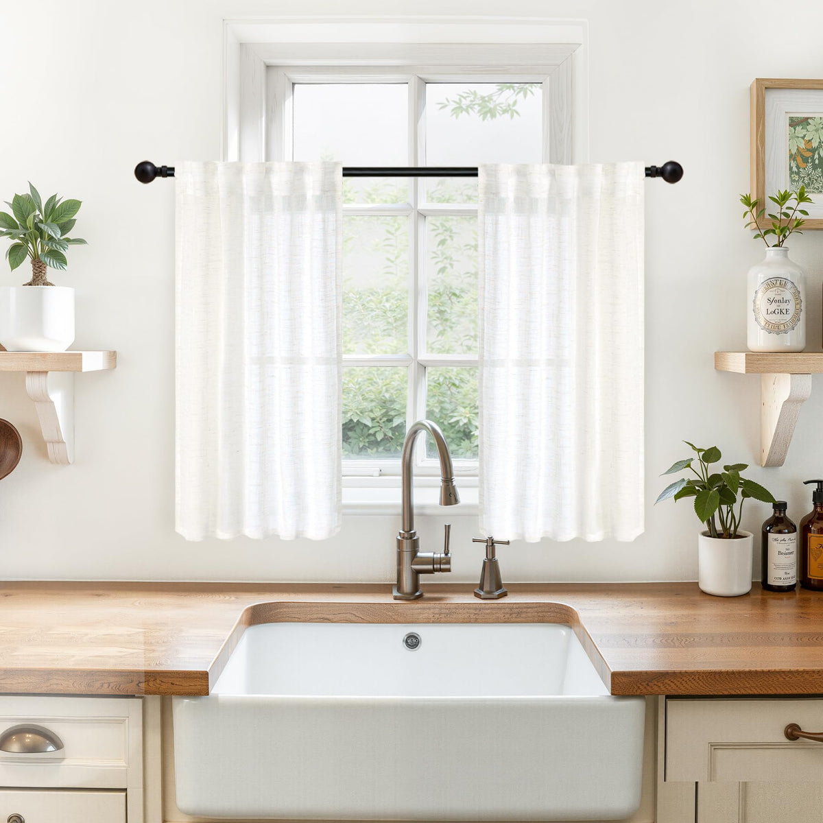 Small Linen Semi Sheer Curtains 36 Inch Length Window Over Sink (2 Count)