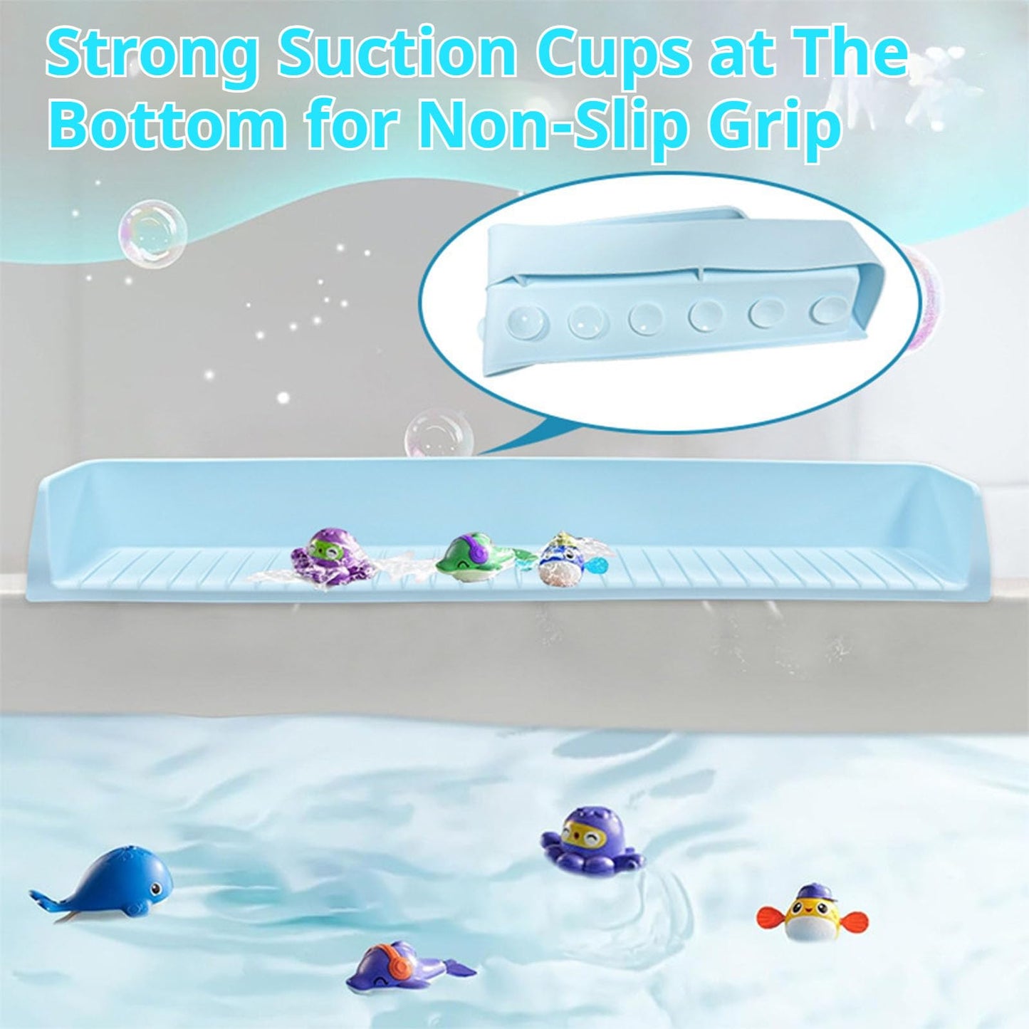 Bathtub Splash Guard for Kids – Silicone Bath Tub Splash Guard with Suction Cups, Tub Topper Play Shelf & Toy Holder, Fun Bath Time for Toddlers Baby (Gray)
