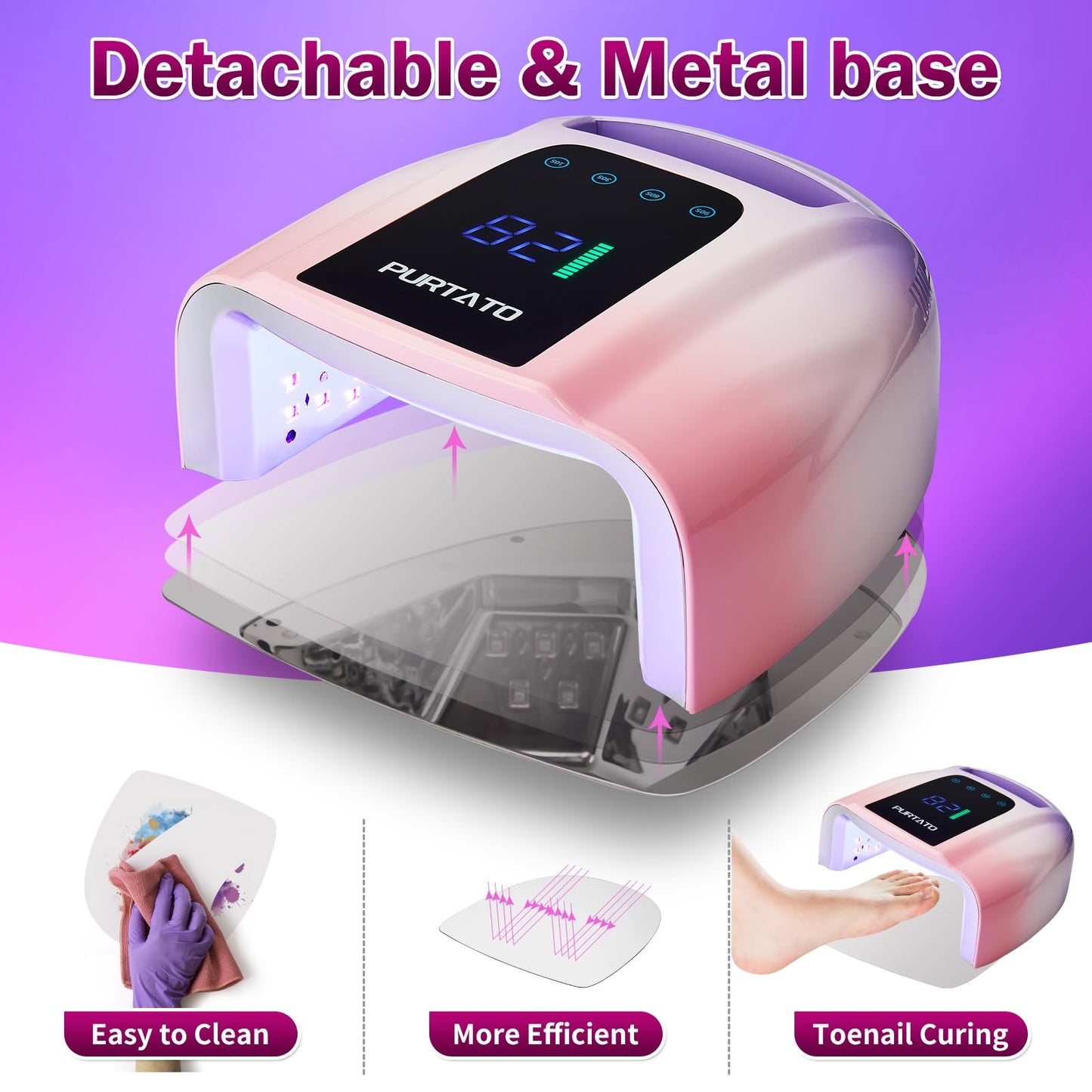 PURTATO Professional Rechargeable 96W UV LED Portable Cordless UV Light for Nail Lamp Machine with Removable Stainless Steel Bottom,4 Timer Setting and Smart Sensor Nail Dryer (Purple&Pink)