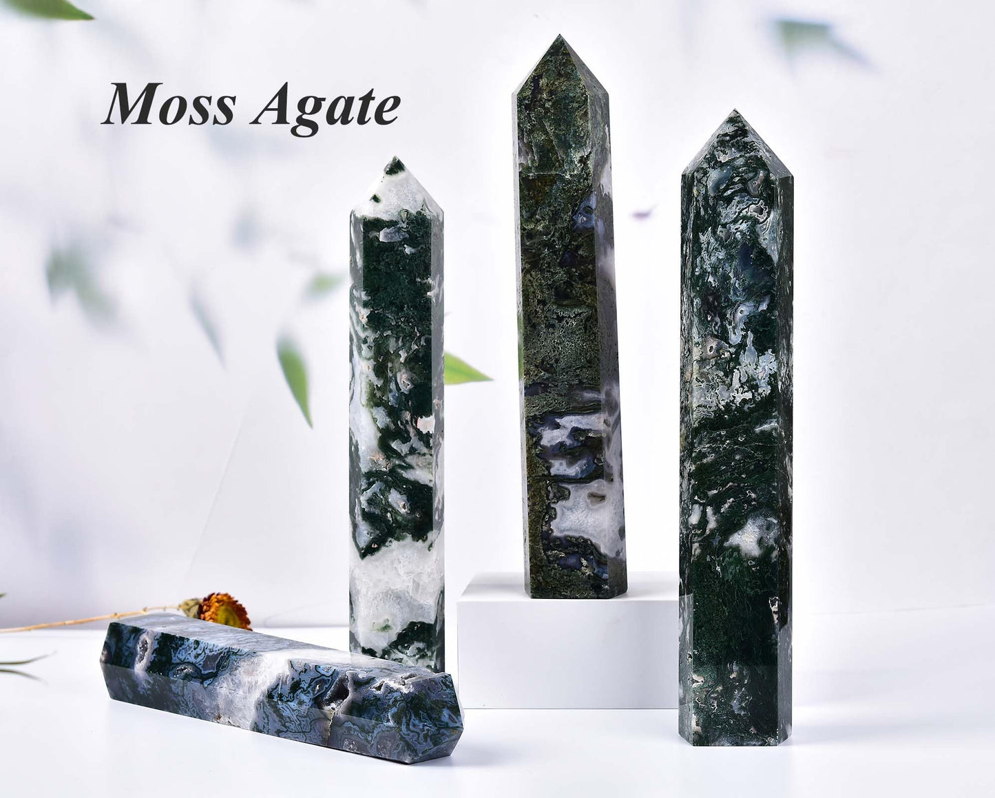 AMOYSTONE Extra Large Healing Crystal Obelisk Towers Moss Agate Point Wand Home Decor Reiki Healing 2.2-2.6LBS
