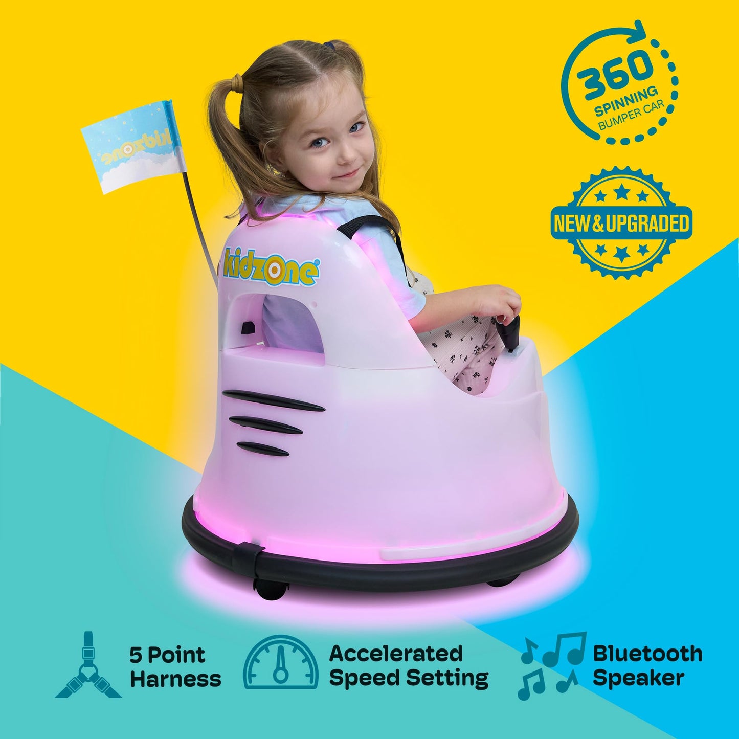 Kidzone Upgraded Smart Bumper Car for Toddler & Kids 1.5-6 Years Old, 12V 2-Speeds Electric Ride On Bumping Toy W/Remote&APP Control, LED Lights, Bluetooth, 360°Spin, DIY Sticker&360° LED Glow, Pink