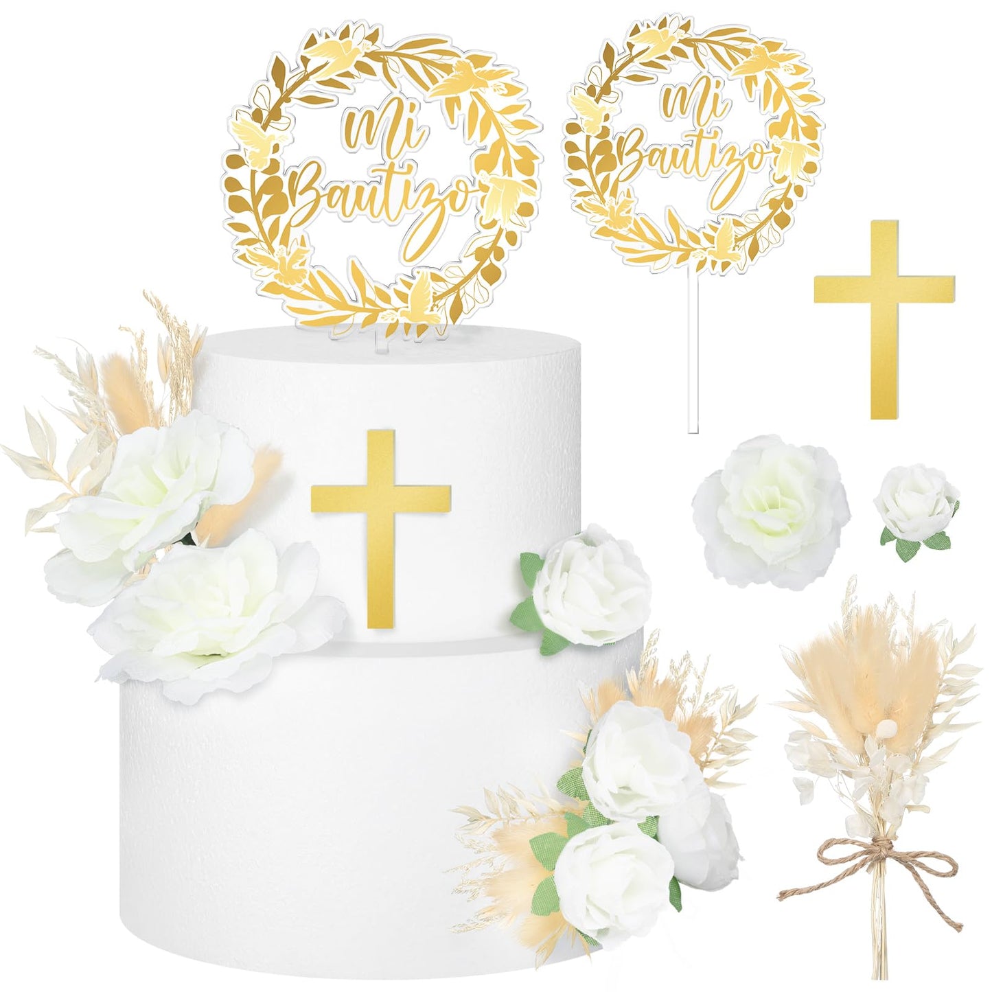 9 Pcs Mi Bautizo Cake Topper Gold Cross and Dried Flower Decor Set First Holy Communion Baptism Cake Pick Religious God Bless Baptism Cake Decoration for Celebration Milestones Decor