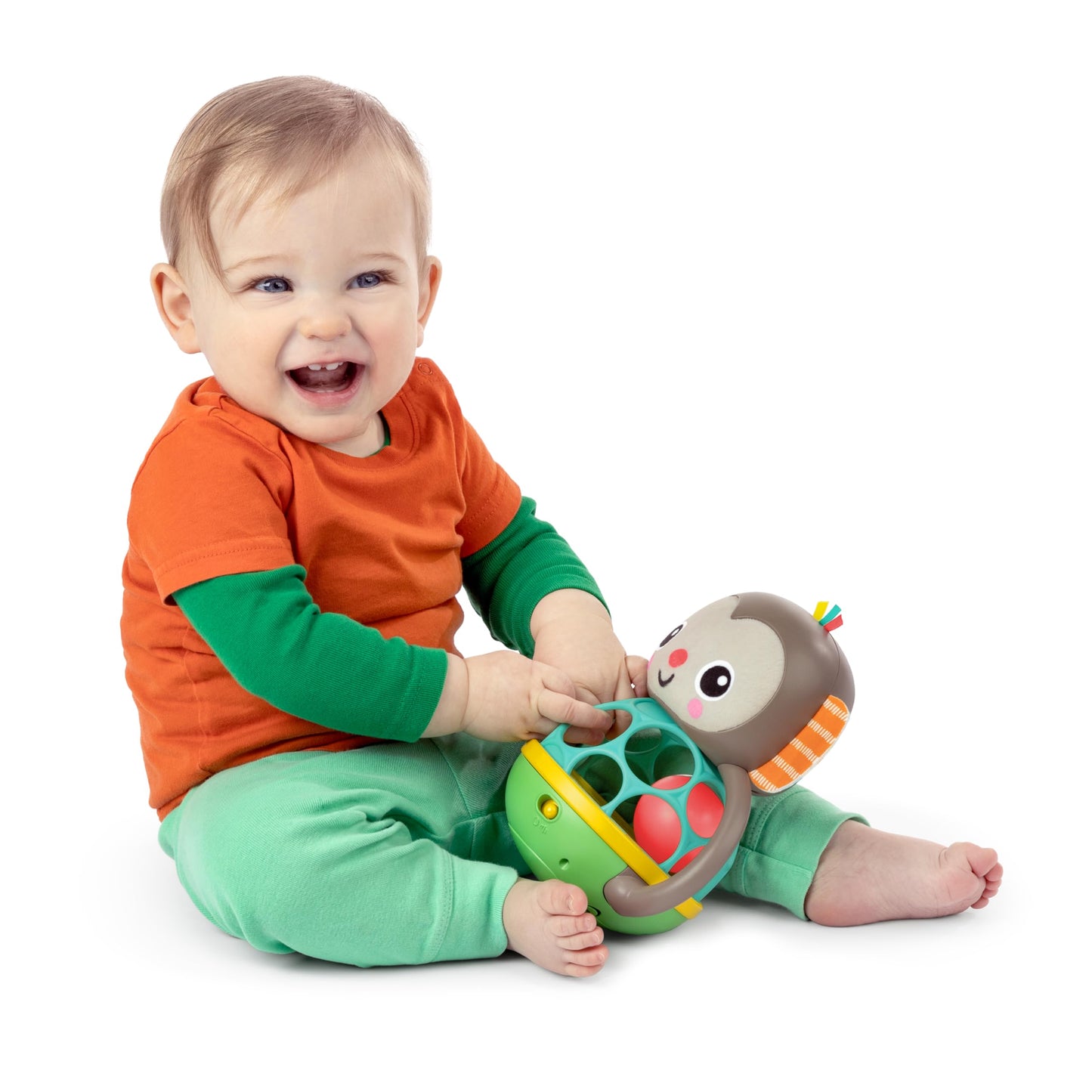 Bright Starts Grab & Giggle Monkey Light-Up Musical Rattle Toy with Easy-Grasp Oball, Ages 6 Months+, Unisex