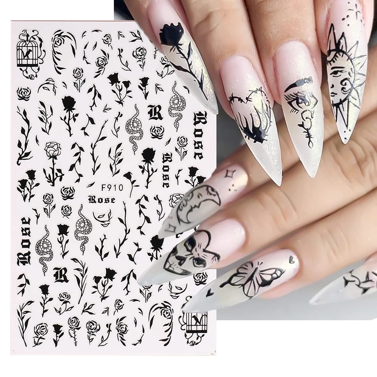 10Pcs Gothic Nail Stickers 3D Self-Adhesive Black White Nail Art Stickers Rose Leaf Snake Moon Star Design Nail Decoration Horror Eyes Nail Decals Flame Butterfly Nail Supplies for Acrylic Nail DIY
