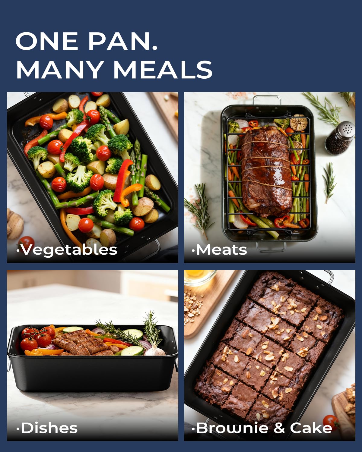 Armorbear Turkey Roasting Pan with Rack Non stick Carbon Steel Roaster 16x11 Inch, Dishwasher Safe, Deep Baking Broiler Pan for Oven Chicken, Bacon, Black