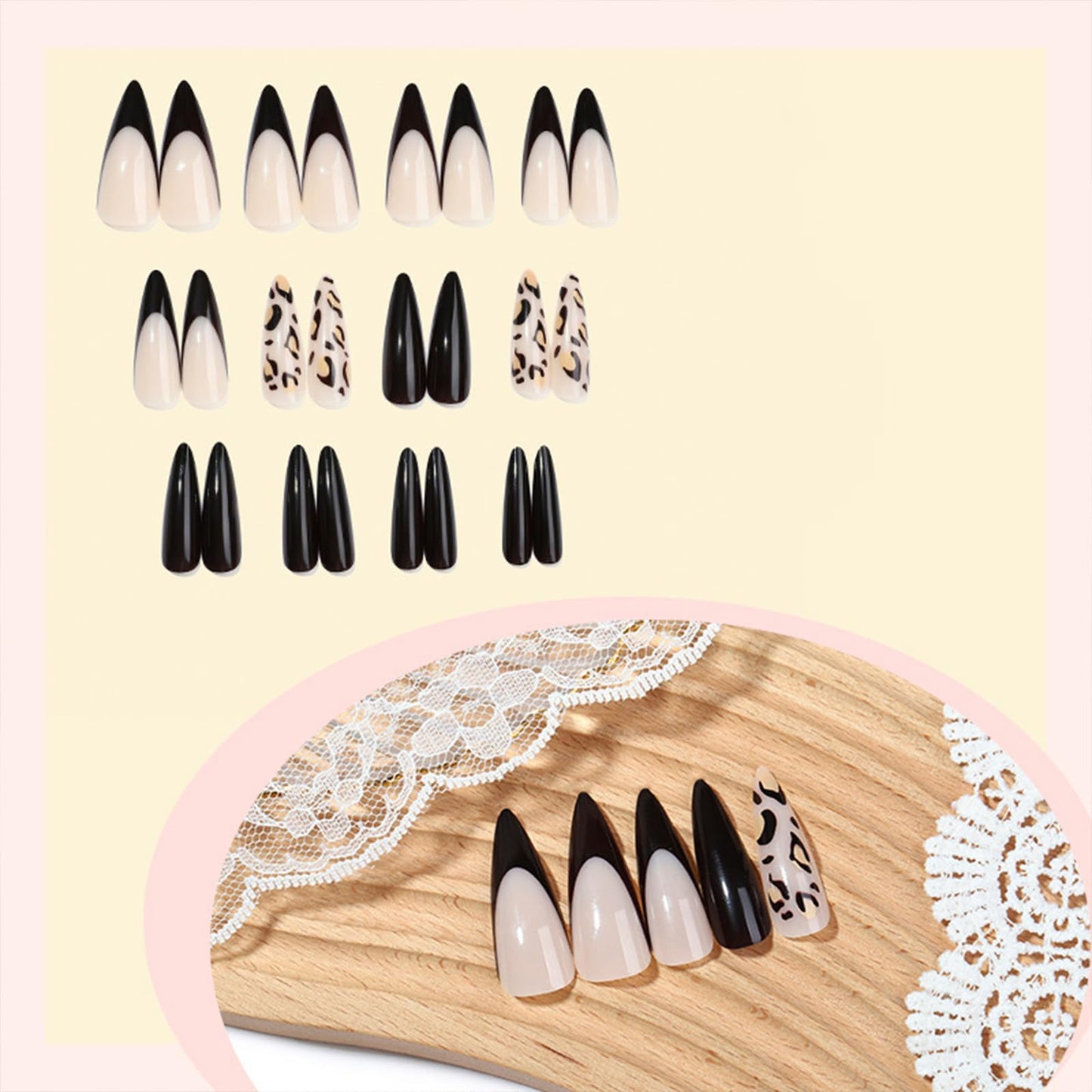 SINHOT Stiletto Press on Nails Long - Long Fake Nails, Glossy Finish, Wine Red French Tip & Leopard Print, DIY Artificial False Nail Art - 24 Pcs Nail Kit with Glue