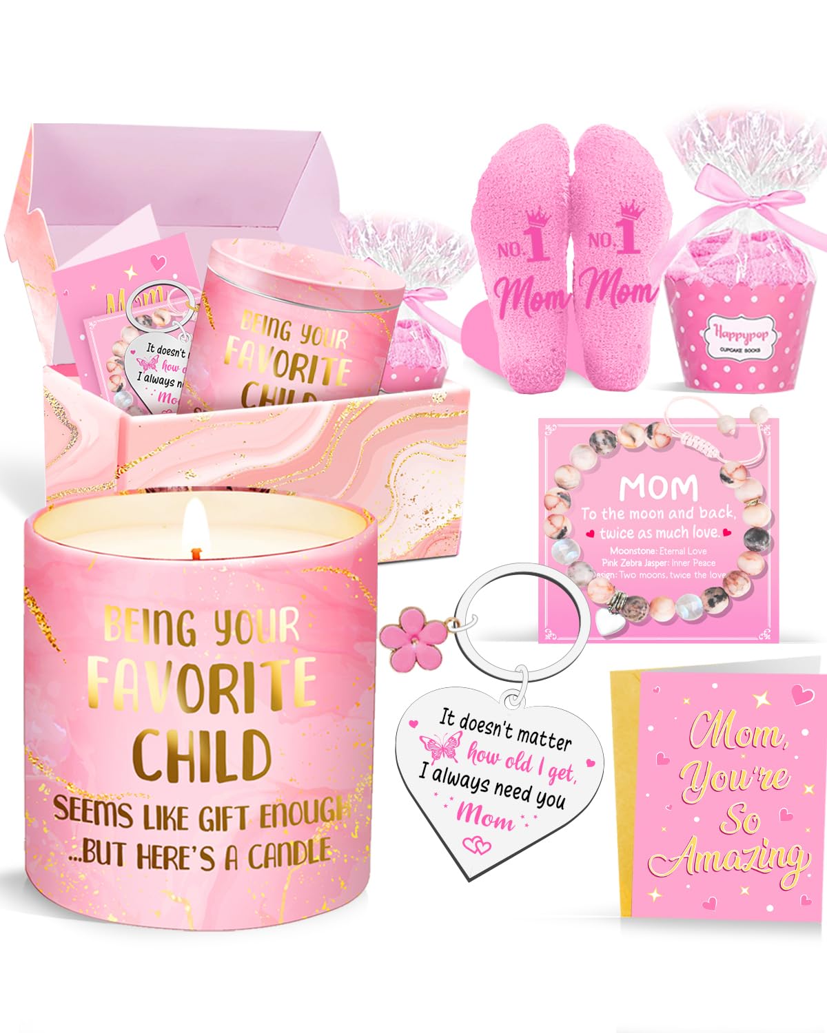 Mothers Day Gift for Mom - 5pc Gift Set Bundle with Scented Candle, Bracelet, Socks, Birthday Christmas Presents from Daughter Son, 5-Item Box