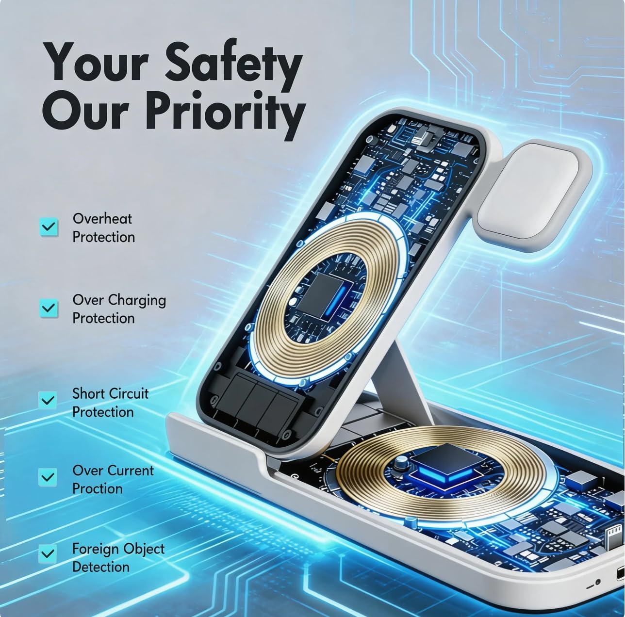 iGaur 5 in 1 Wireless Charging Station for Multiple Devices, Premium Fast Charging Stand for Apple Samsung Android, Dual Phone Dock with USB Port for Desk Nightstand