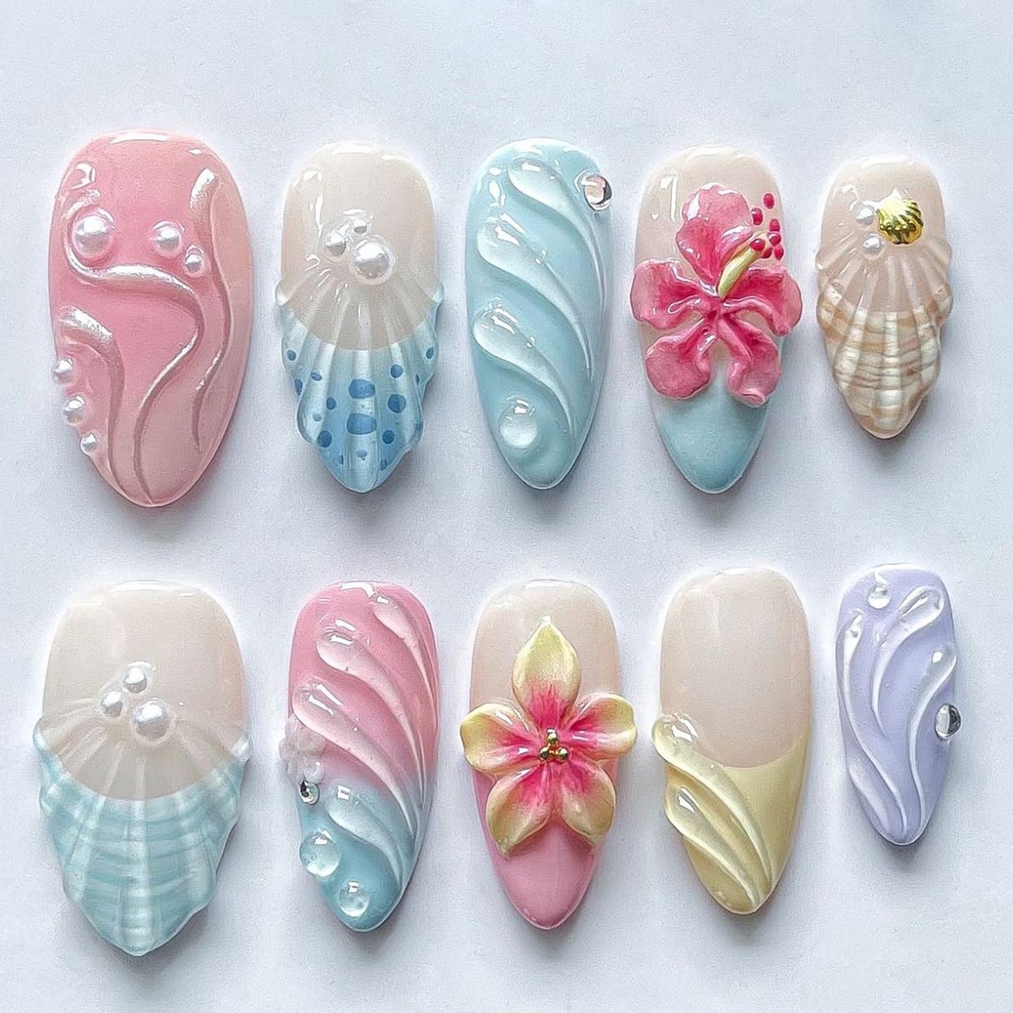 Leopard Print French Tip Press on Nails Medium Almond Flower Fake Nails Rhinestones Droplet Shaped Design Blue Pink Gradient Acrylic Nails Cute Glue on Nails Summer Salon Artificial False Nails 24Pcs