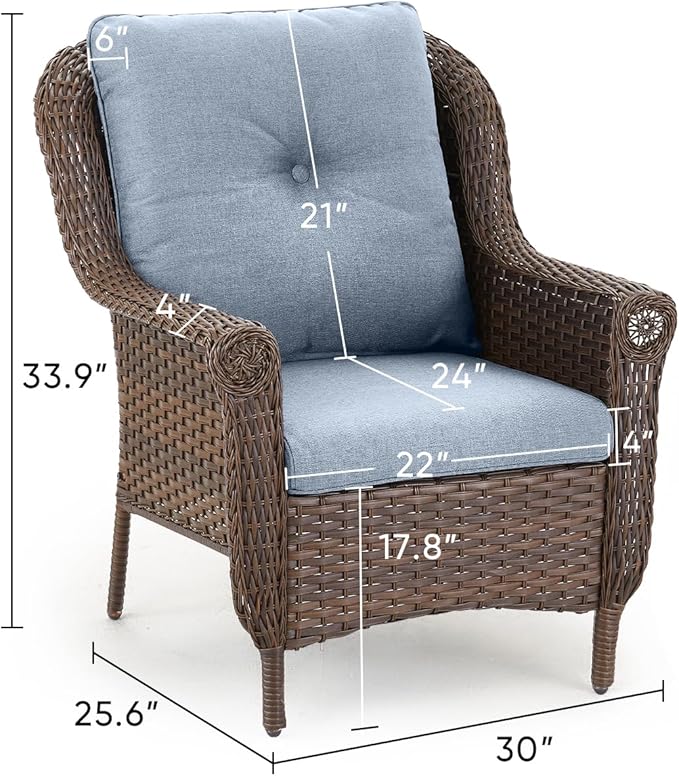 Patio Wicker Chairs Outdoor Furniture Chair - Set of 2 Outside All Weather Lawn Dining Brown Rattan Armchair with High Back&Deep Seating for Deck Porch Balcony Backyard Garden - Baby Blue