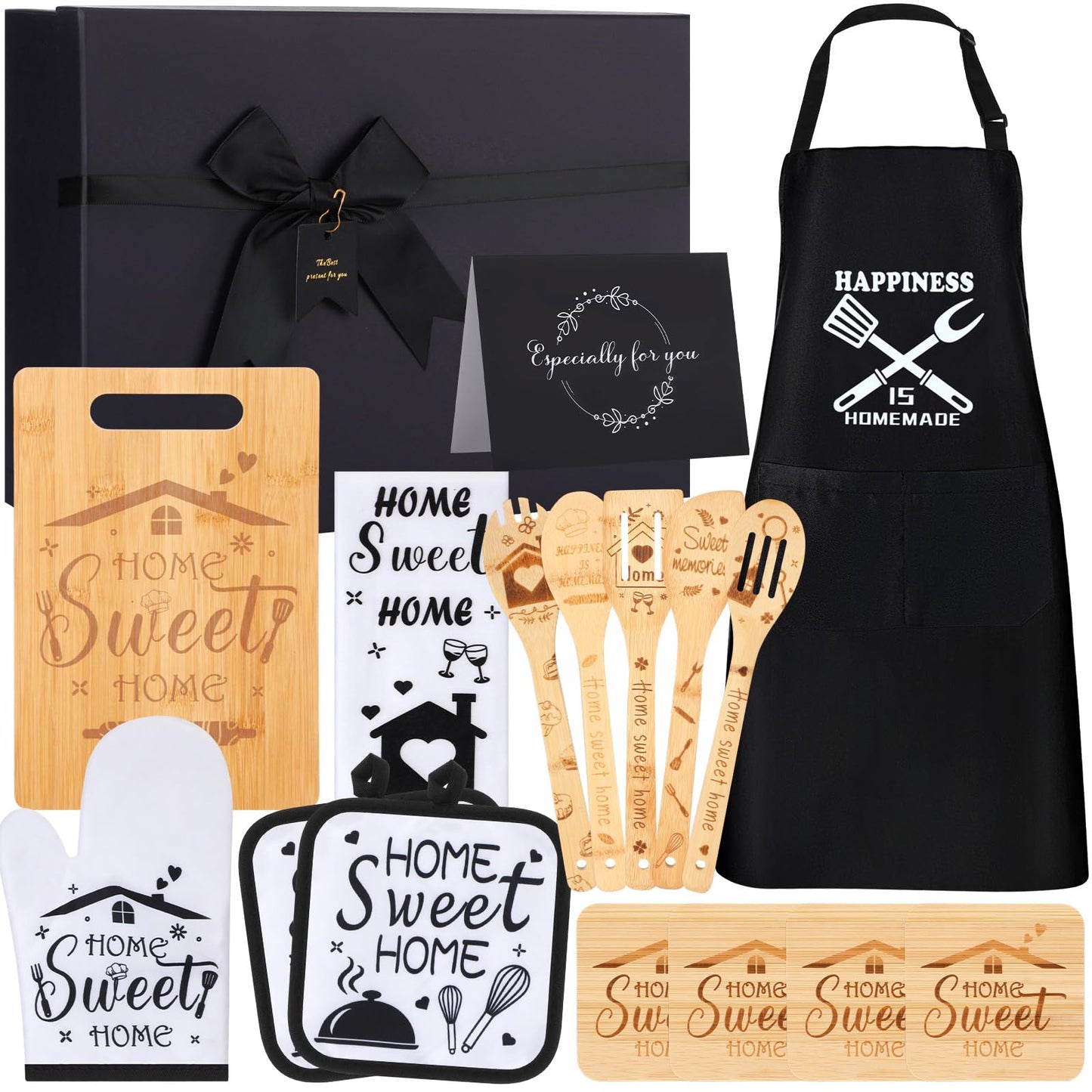 Patelai 17 Pcs House Warming Gifts New Home, Housewarming Gift Basket for New Homeowner Sweet Couples Home Supplies Include Apron Bamboo Spoons Cutting Board Gloves Cards with Black Present Box