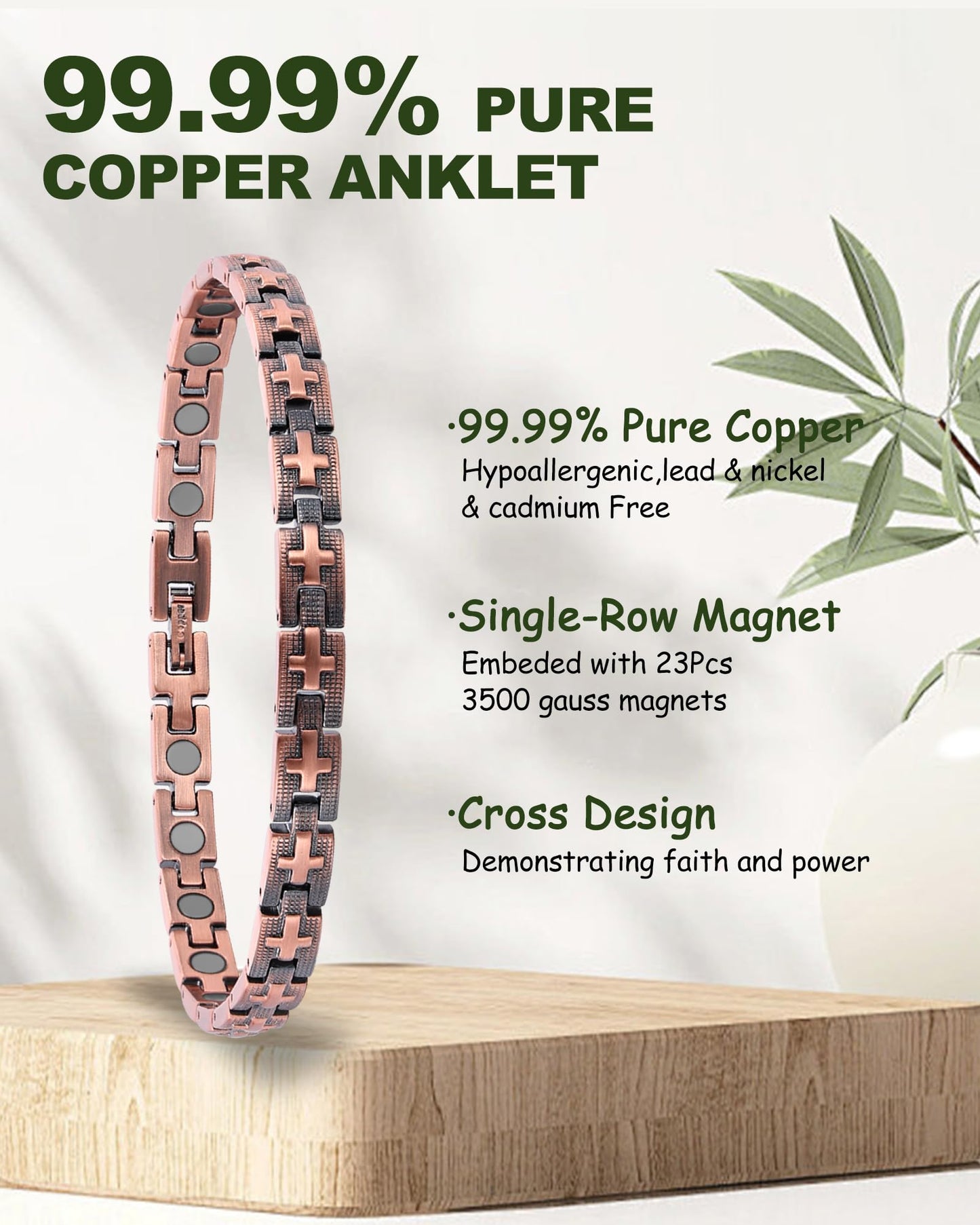 MagEnergy Copper Ankle Bracelet for Women, Christian Magnetic Anklets with 3500 Gauss Magnets, Adjustable Biblical Cross Anklet, Jewelry Gift