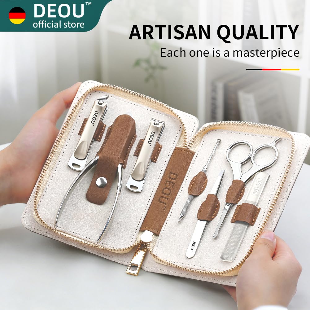 DEOU Premium Manicure Set 8 in 1, 420J2 Stainless Steel Pedicure Kit with Luxury Leather Case, Professional Grooming Tools for Travel & Home, (Brown)