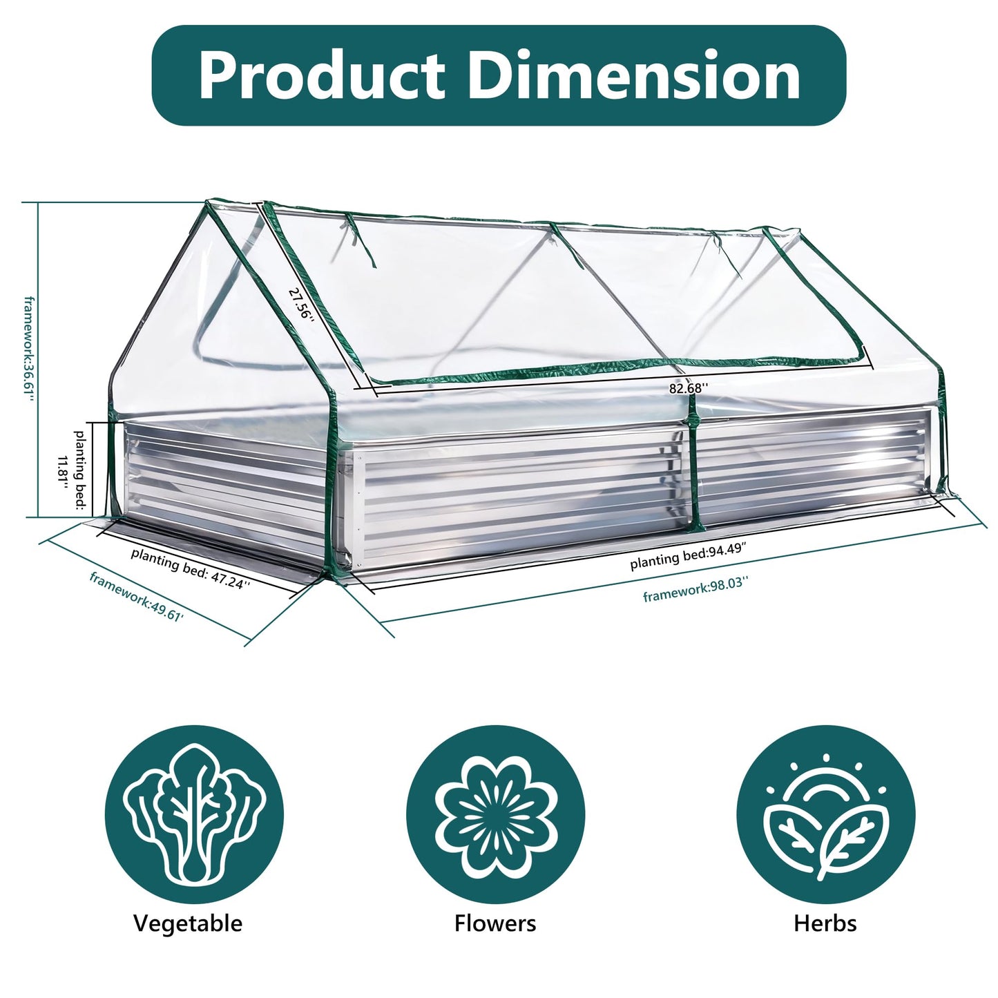 DUMOS 8x4x1ft Galvanized Raised Garden Bed with Cover, Planter Box Outdoor for Deep-Rooted Herbs/Flowers/Vegetables, Open Base Metal Garden Bed Mini Greenhouse for Patio/Balcony/Backyard, Silver