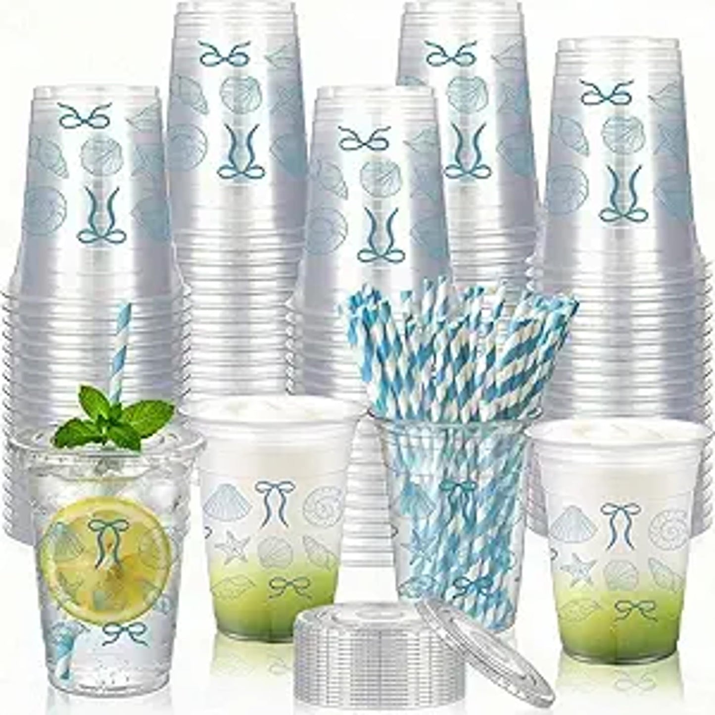 Sliner 25 Pcs 16 oz Coquette Disposable Plastic Cups with Straw for Party Supplies Bow Cups Birthday Wedding Bridal Engagement Party Drinkware Baby Shower Decoration (Blue Bow Starfish and Seashell)