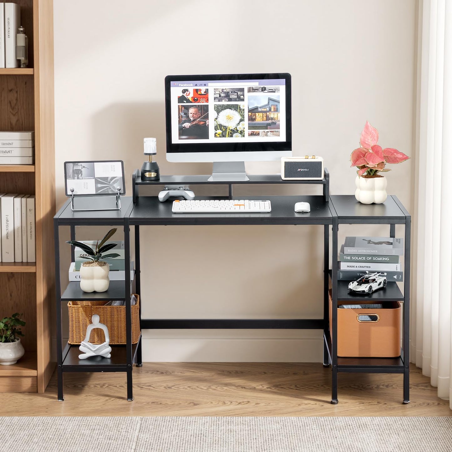 MINOSYS Computer Desk 55-inch with Storage Shelf - Black Ideal Gaming Desk for Bedrooms, Small Spaces, and Home Offices Modern Writing Desk for PCs.