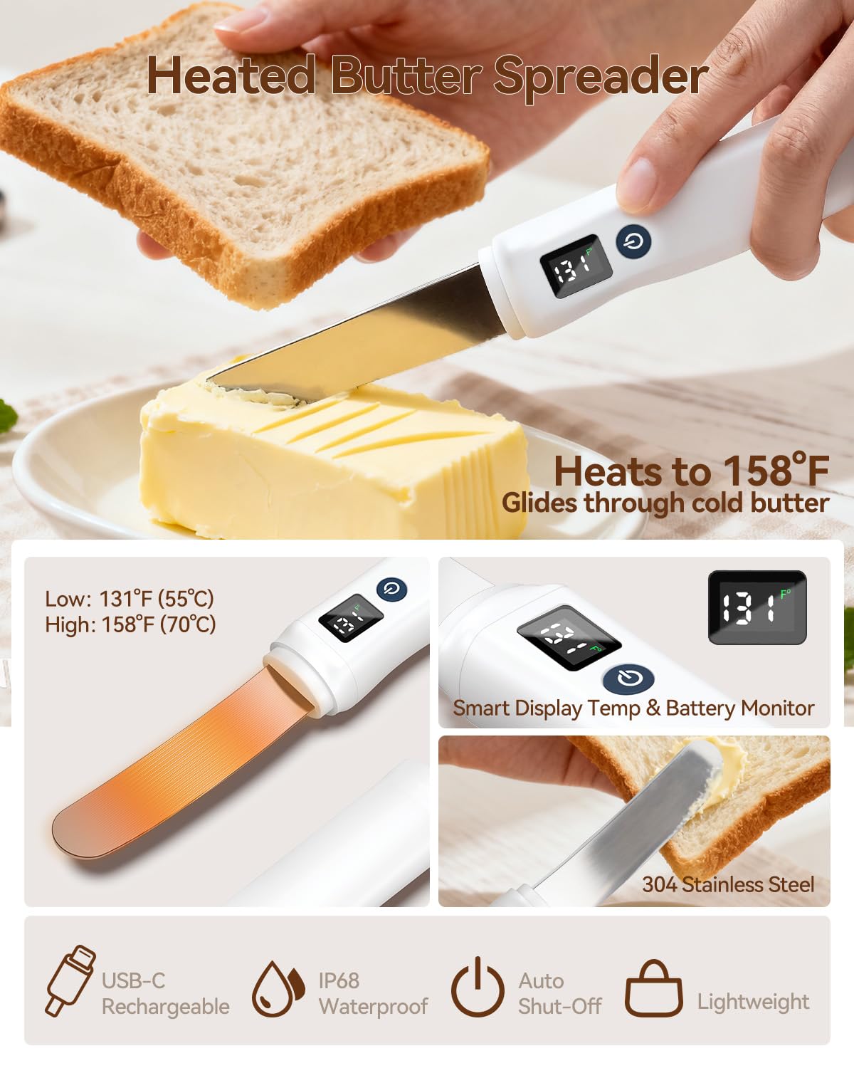 Rocoren Heating Butter Knife, 304 Stainless Steel Cold Butter Spreader,Real-time Smart Display Temp & Battery,Dual Temp Modes for Cheeses,Preserves,Other Spreads with Ease,for Kitchen,Restaurant,Party