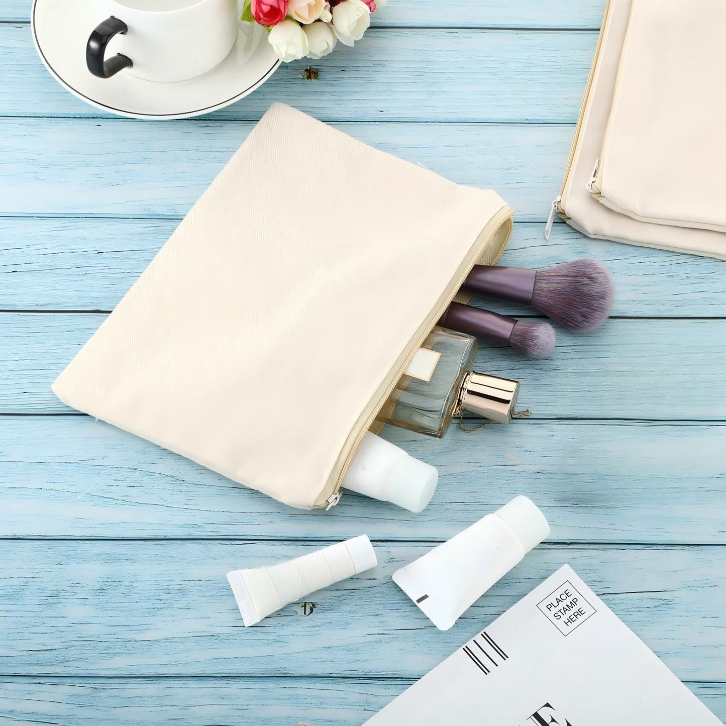 meekoo 16 Pack Blank Canvas Pouch Zipper Cosmetic Bag Bulk Plain Makeup Pouch Purse Sublimation DIY Craft Multipurpose Travel Toiletry Bag for Makeup Cosmetic Stationary Storage(S,Beige)