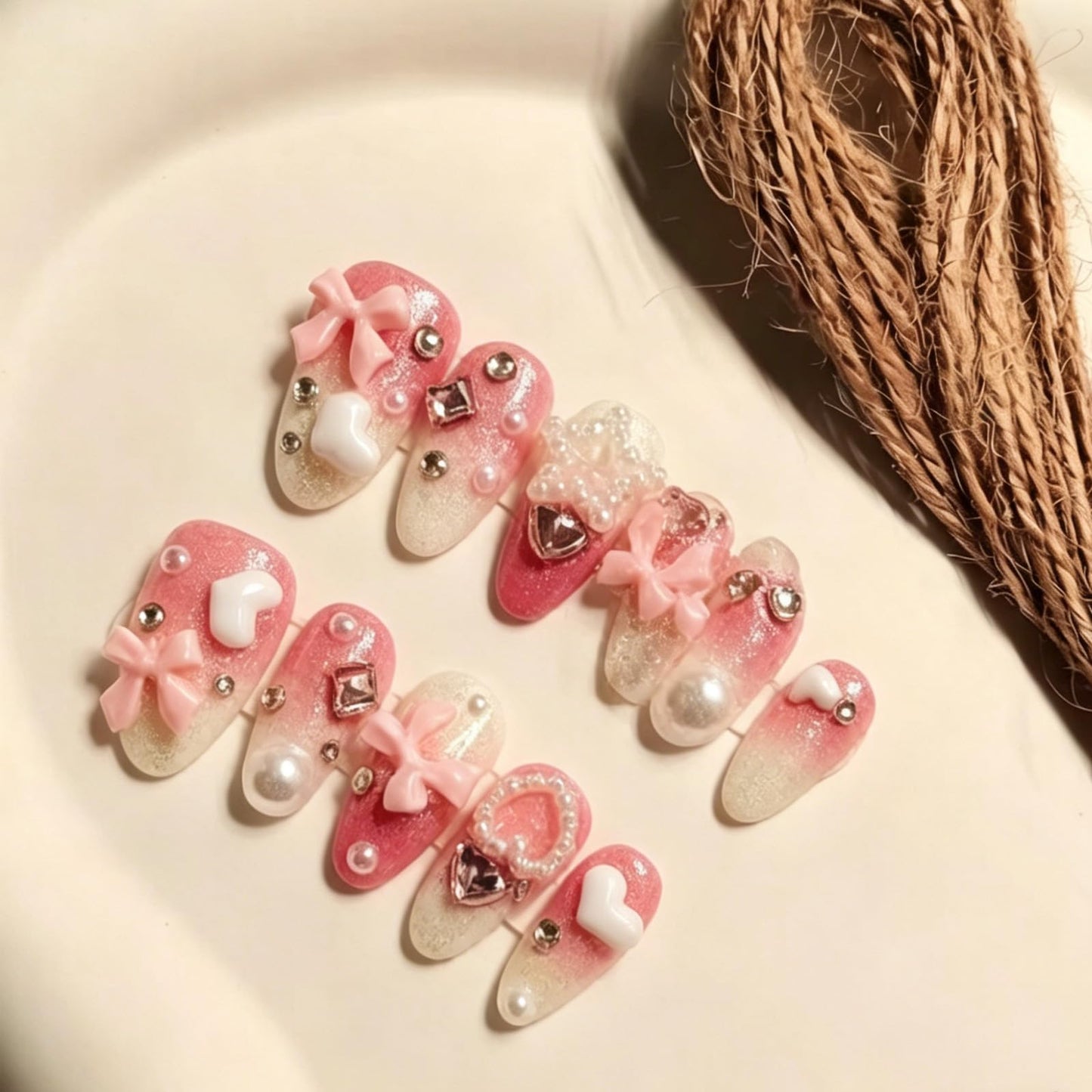 Hand made Press on Nails Medium Almond,Gradient Pink Fake Nails with Bow Art Design Reusable Nails for Women 10 Pcs(Size M)