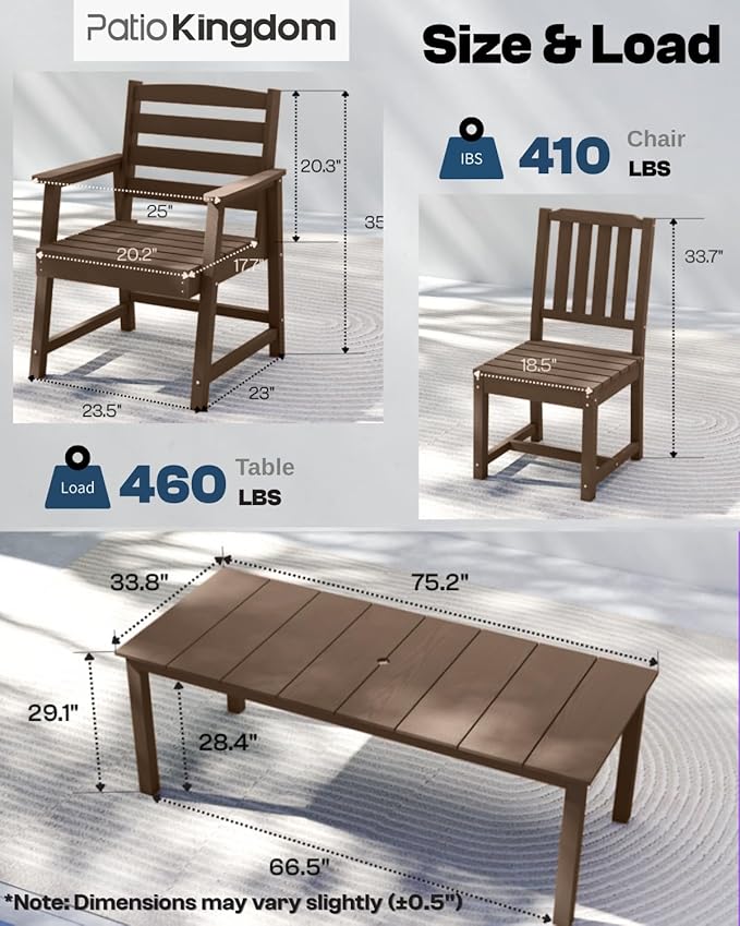 5-Piece Brown Outdoor Dining Set with White 11FT Large Patio Umbrella, 75.2'' HDPE Table & Chairs for 8, Weather-Resistant Furniture with Umbrella Hole for Patio, Lawn, Poolside