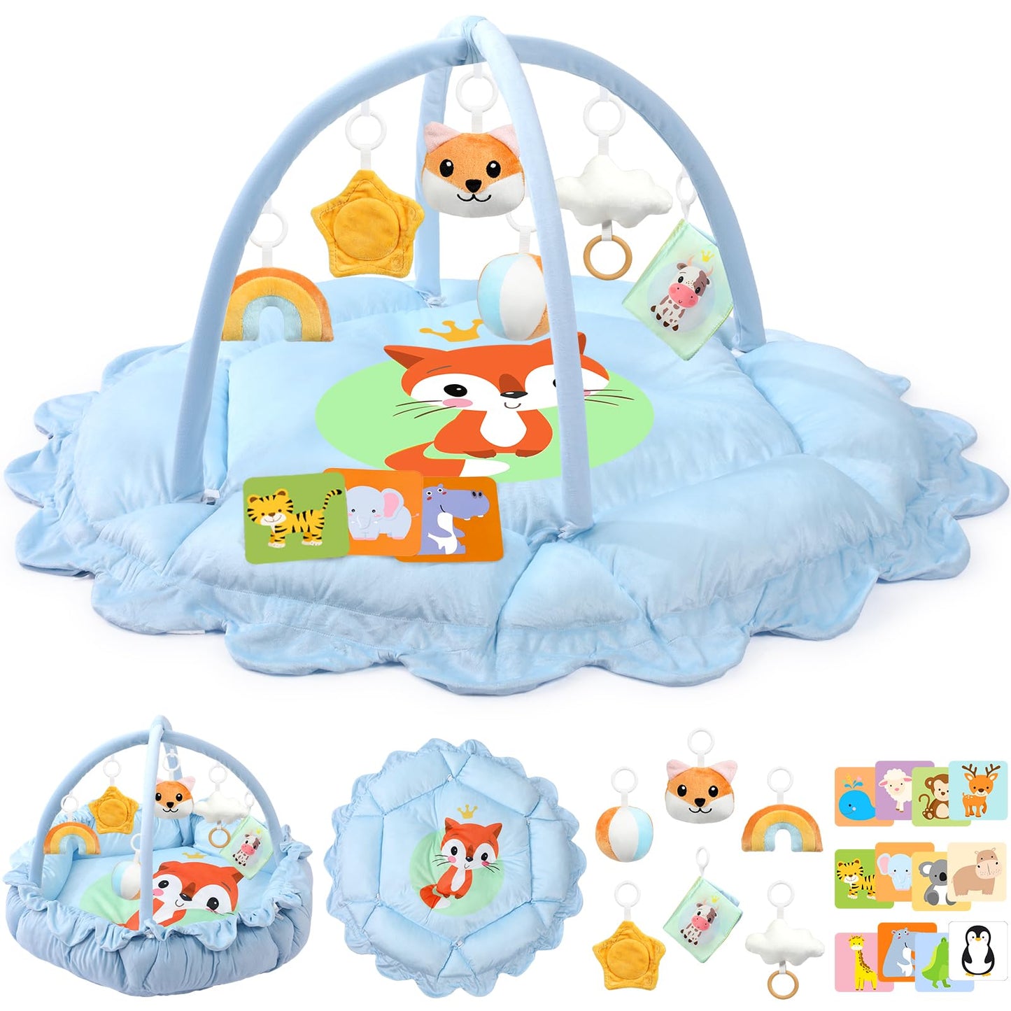 5-in-1 Baby Gym Play Mat with Cartoon Pattern, Extra Thick Plush Tummy Time Activity Gym with Hanging Toys, Sensory Development & Motor Skills Training Floor Mat, Fox